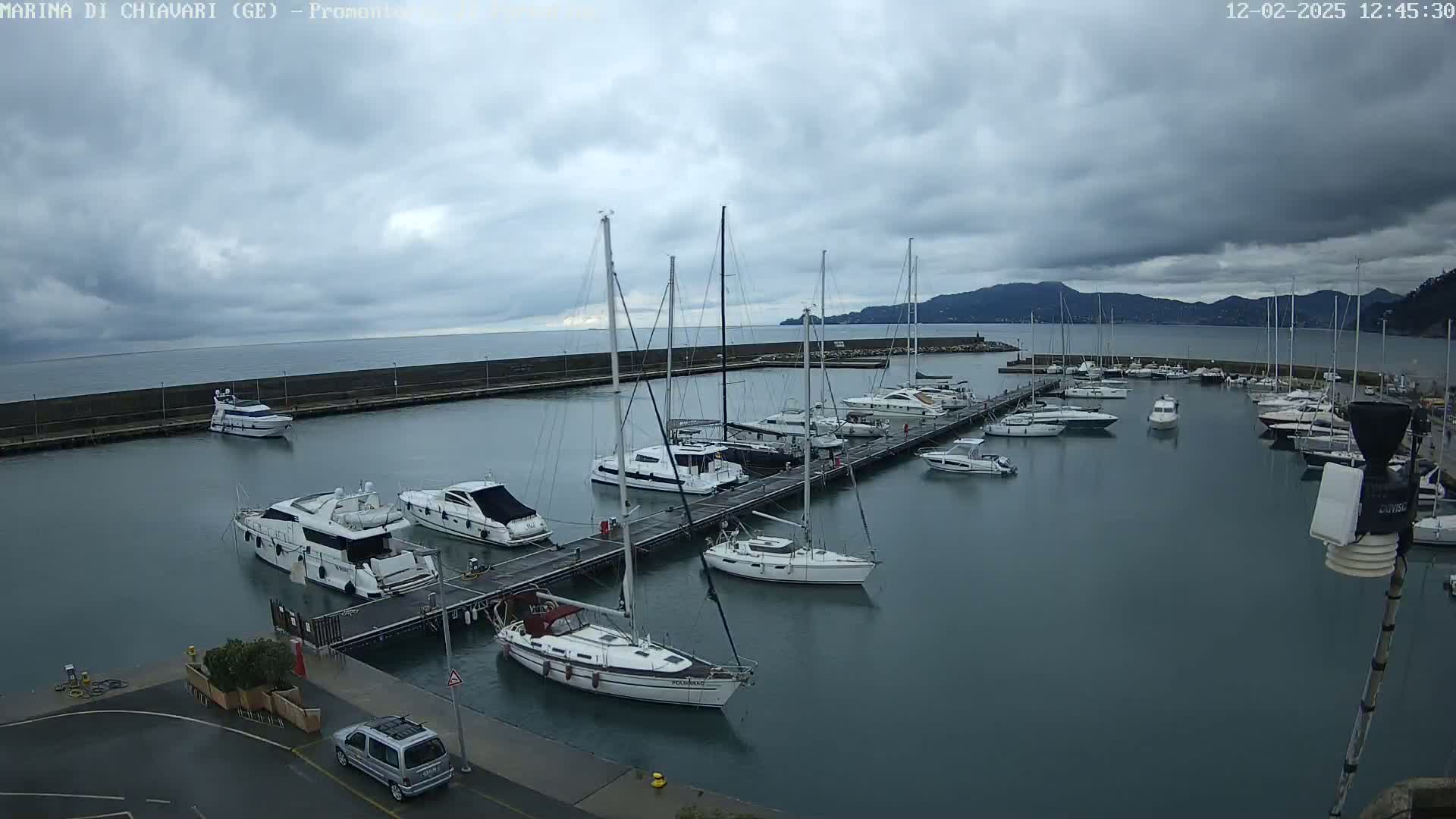 A marina filled with numerous sailboats and motorboats is shown under a cloudy sky.