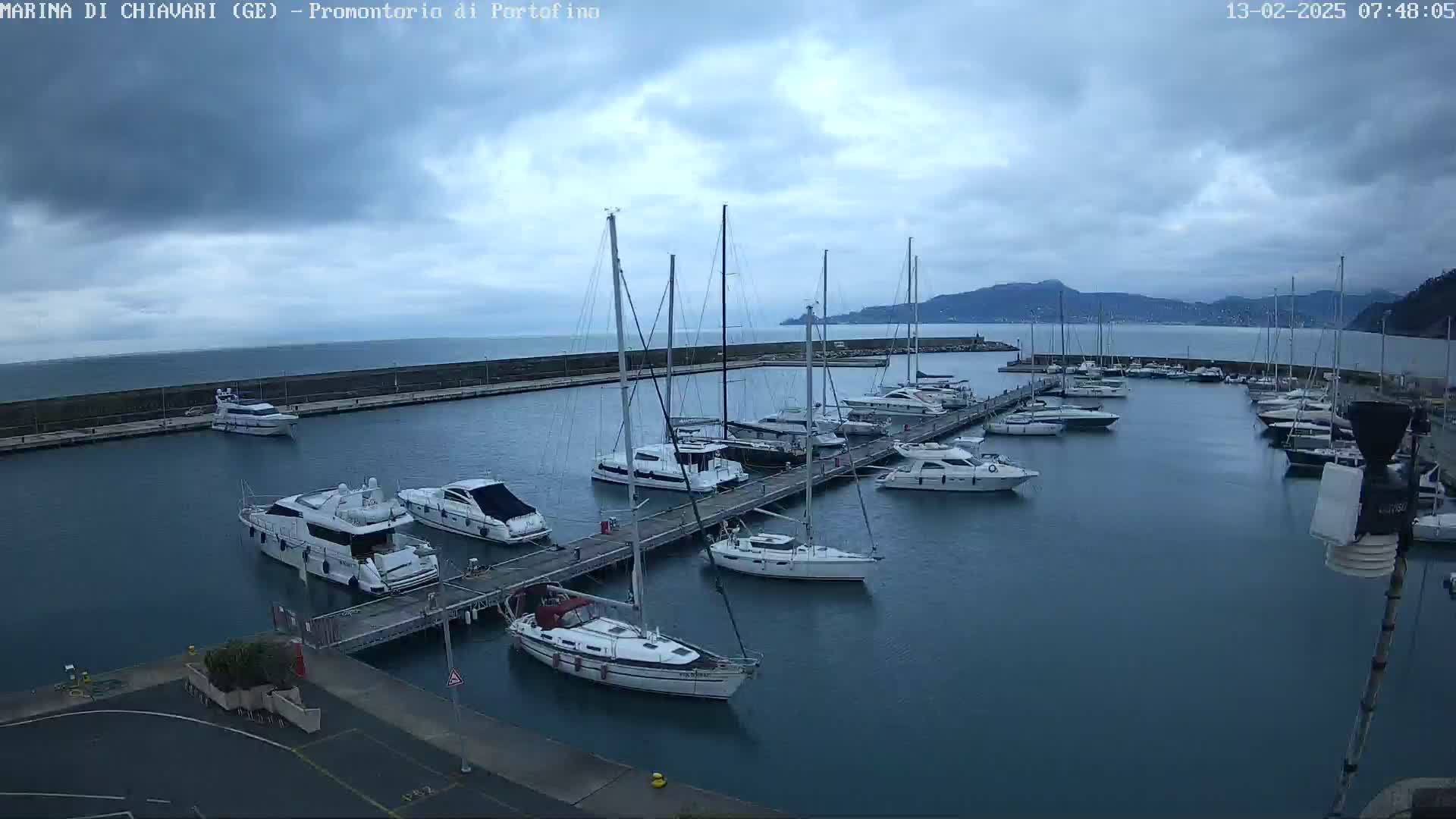 A marina filled with numerous sailboats and motorboats is seen under a cloudy sky.