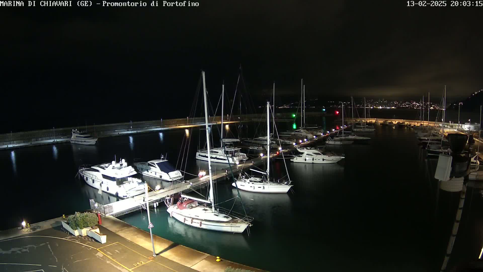 A marina filled with yachts and sailboats is shown at night under a dark, cloudy sky.