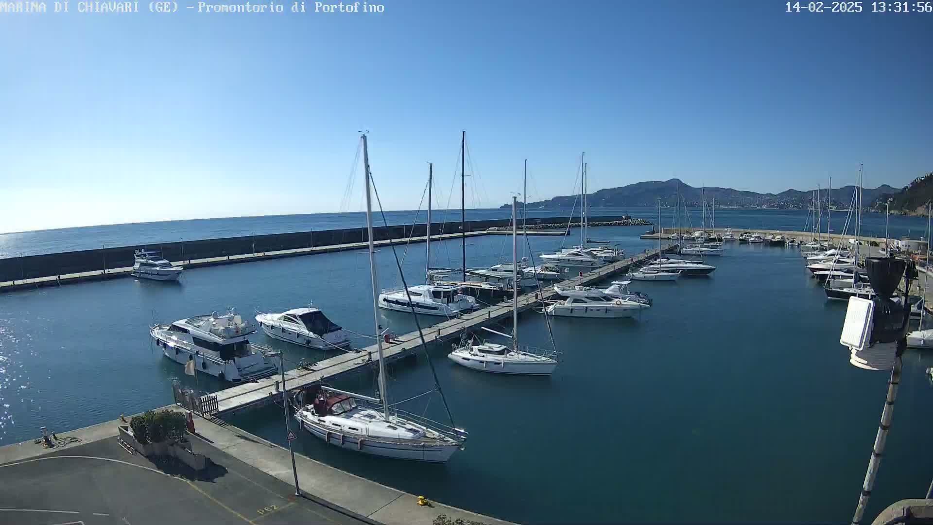 A marina filled with sailboats and motorboats is situated on a calm, clear day next to a calm body of water with mountains in the distance.