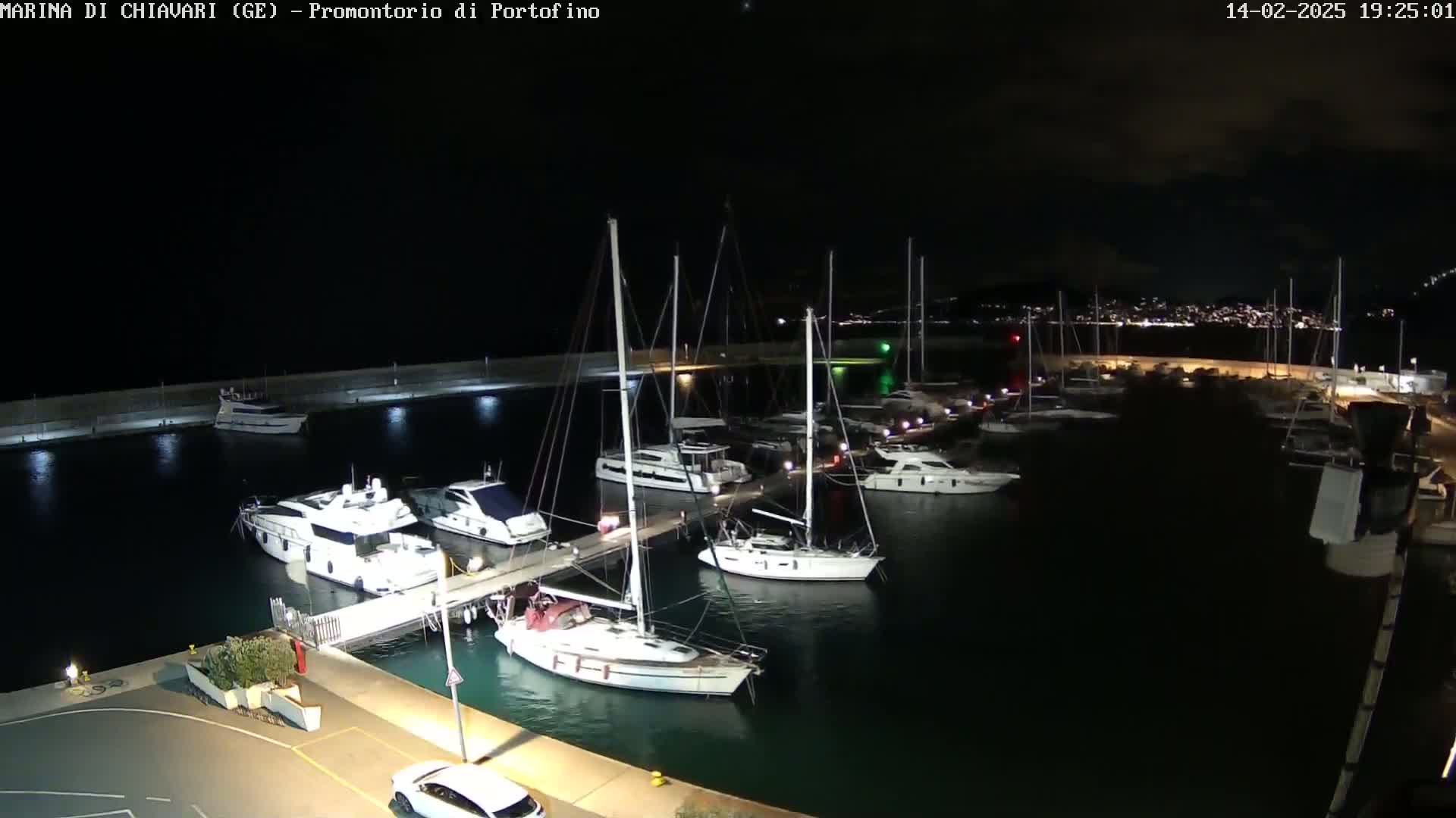A nighttime view of a marina filled with yachts and sailboats under a mostly clear sky.