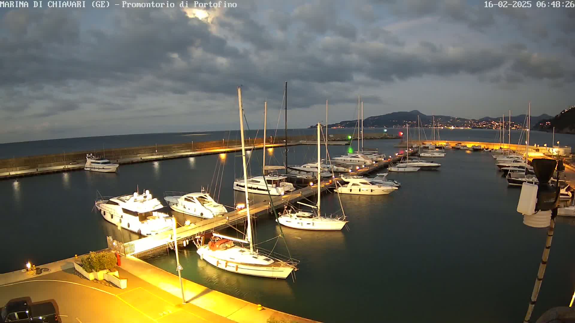 Many boats are docked at a marina at night under a cloudy sky.