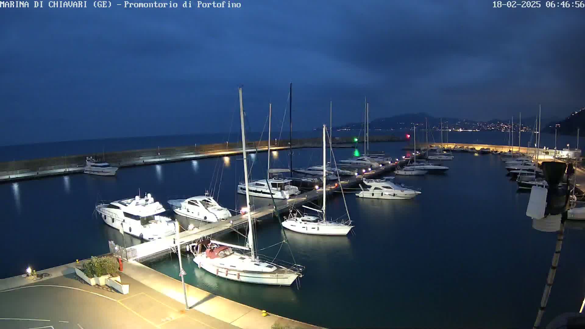 A marina filled with yachts and sailboats at twilight under a dark, cloudy sky.