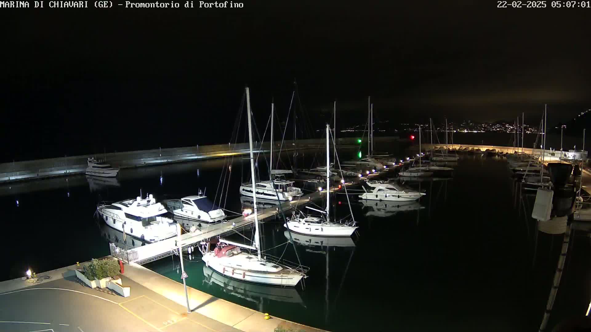 A marina at night, filled with numerous yachts and sailboats docked along a pier under a dark sky.