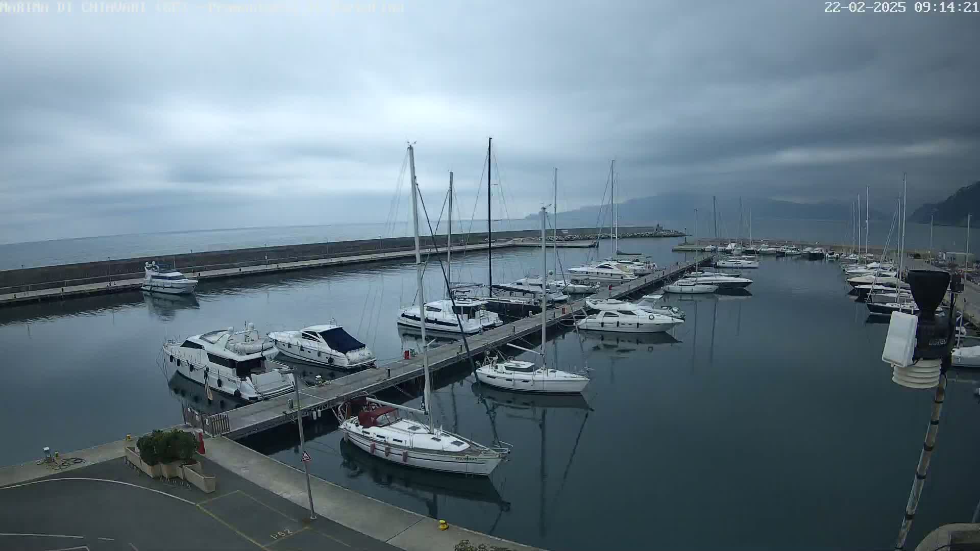 A marina filled with sailboats and motorboats is shown under an overcast sky.