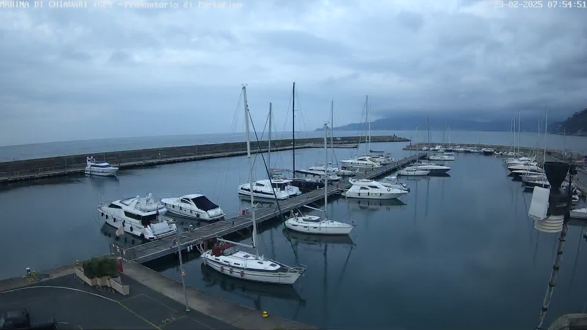 A marina filled with sailboats and motorboats is shown under an overcast sky.