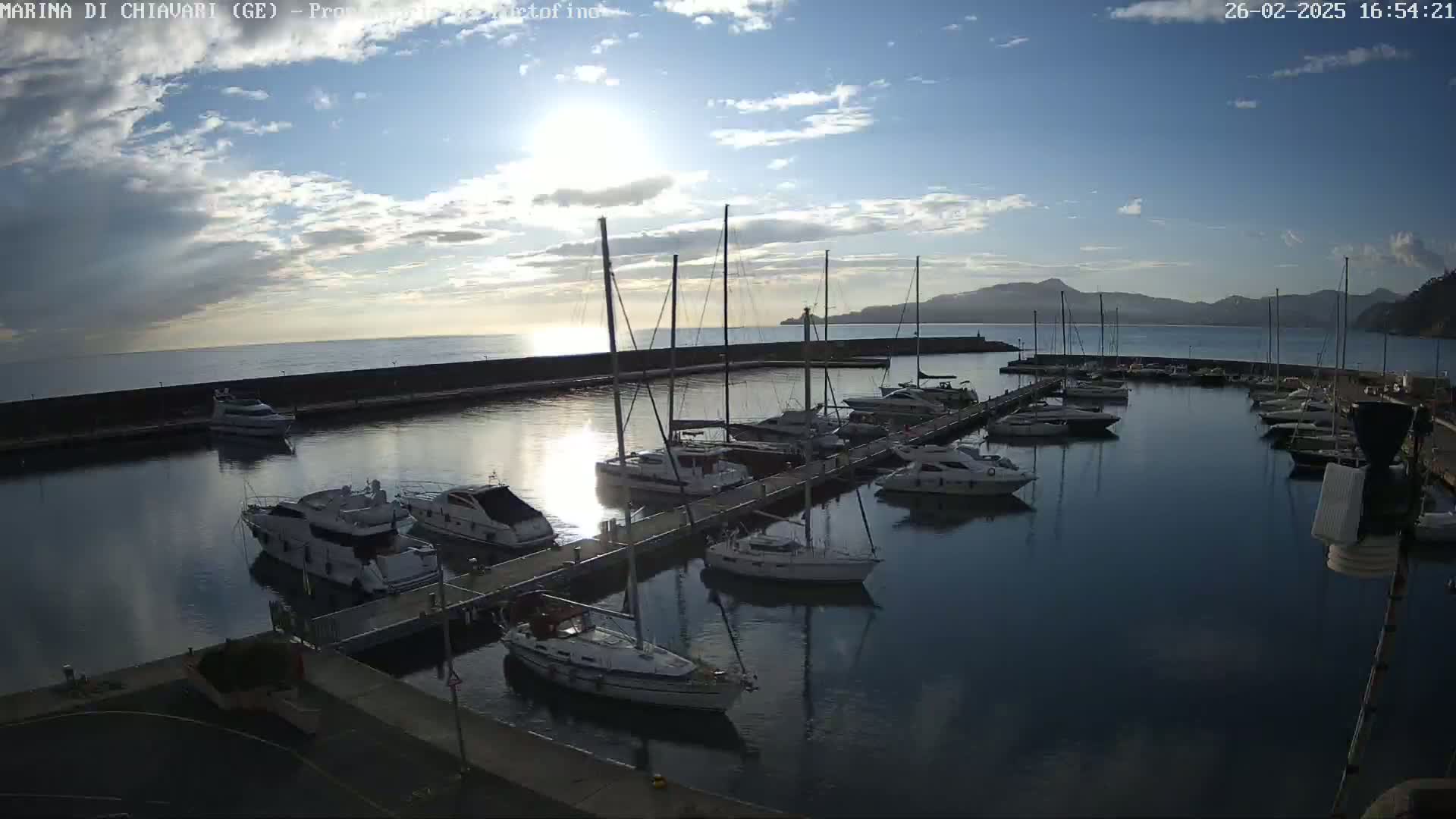 A marina filled with sailboats and motorboats is nestled in a calm harbor under a partly cloudy sky.