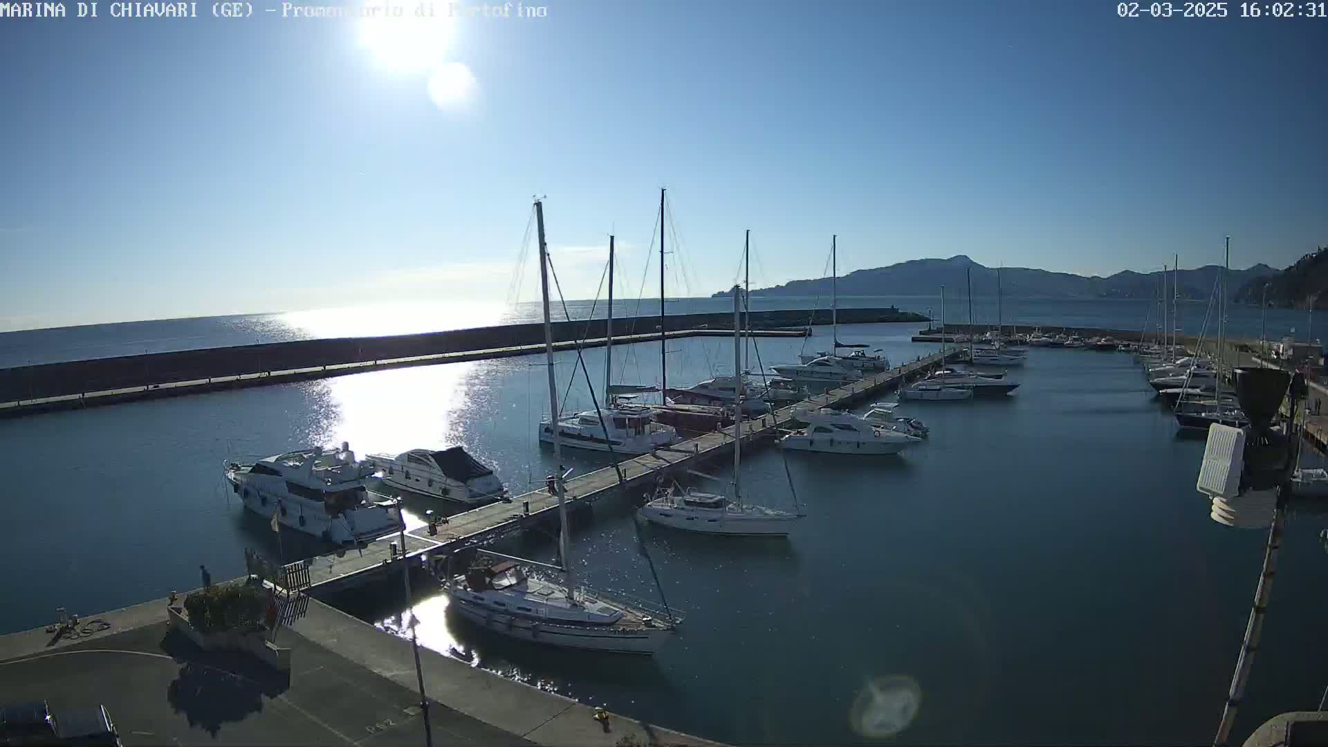 A marina filled with sailboats and motorboats on a sunny day, with calm water reflecting the bright sunlight and mountains visible in the distance.