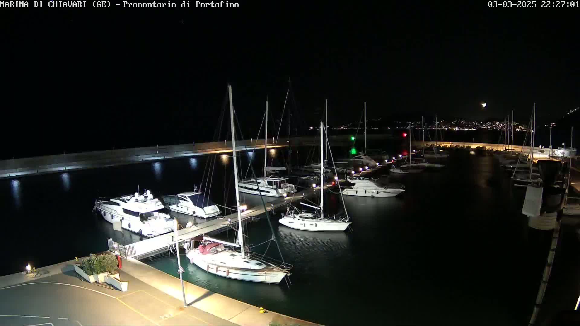 At night, numerous sailboats and motorboats are docked at a marina, illuminated by lights along a seawall, under a clear, dark sky.