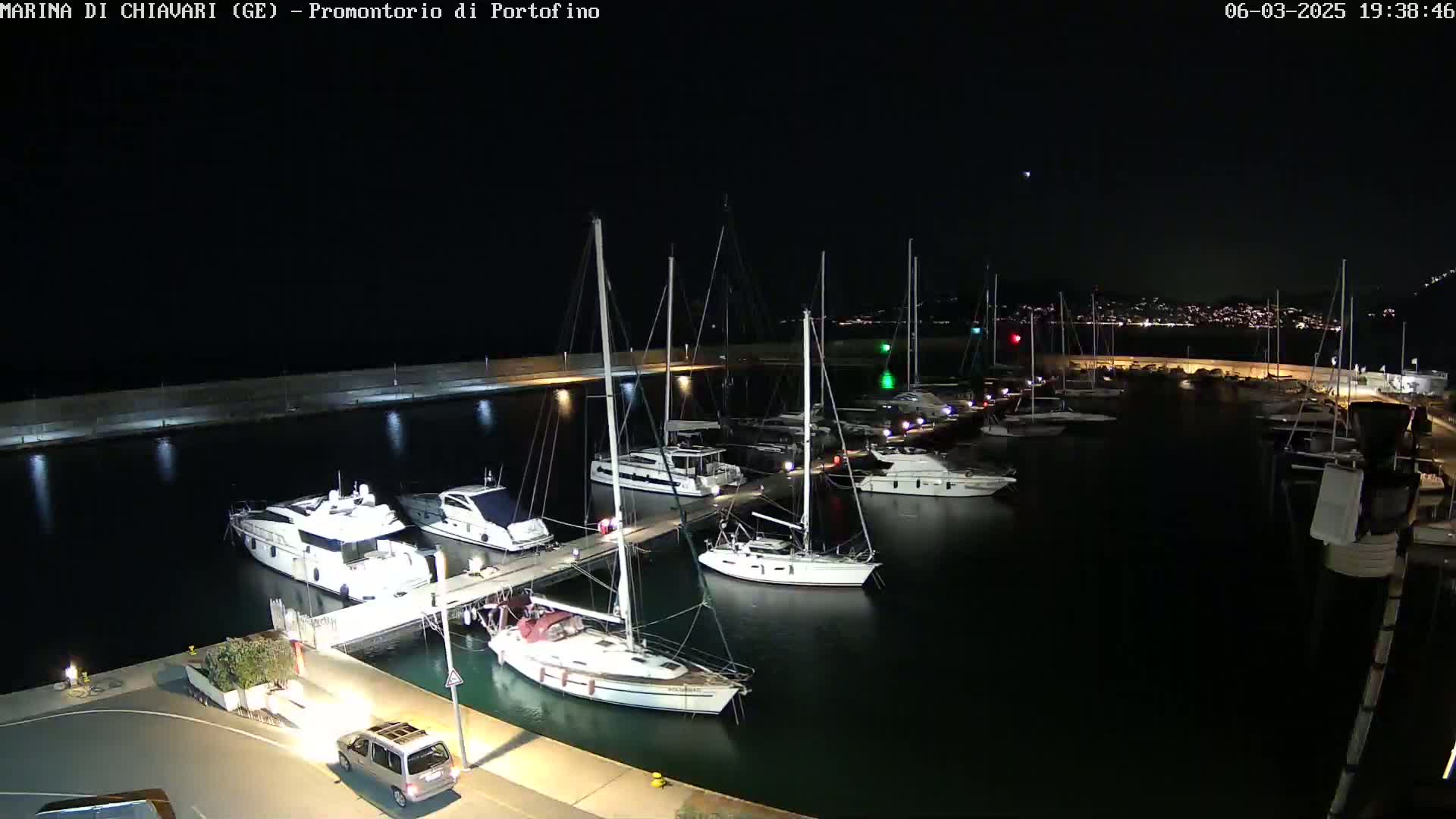A marina at night, filled with docked sailboats and motorboats under a clear, dark sky.
