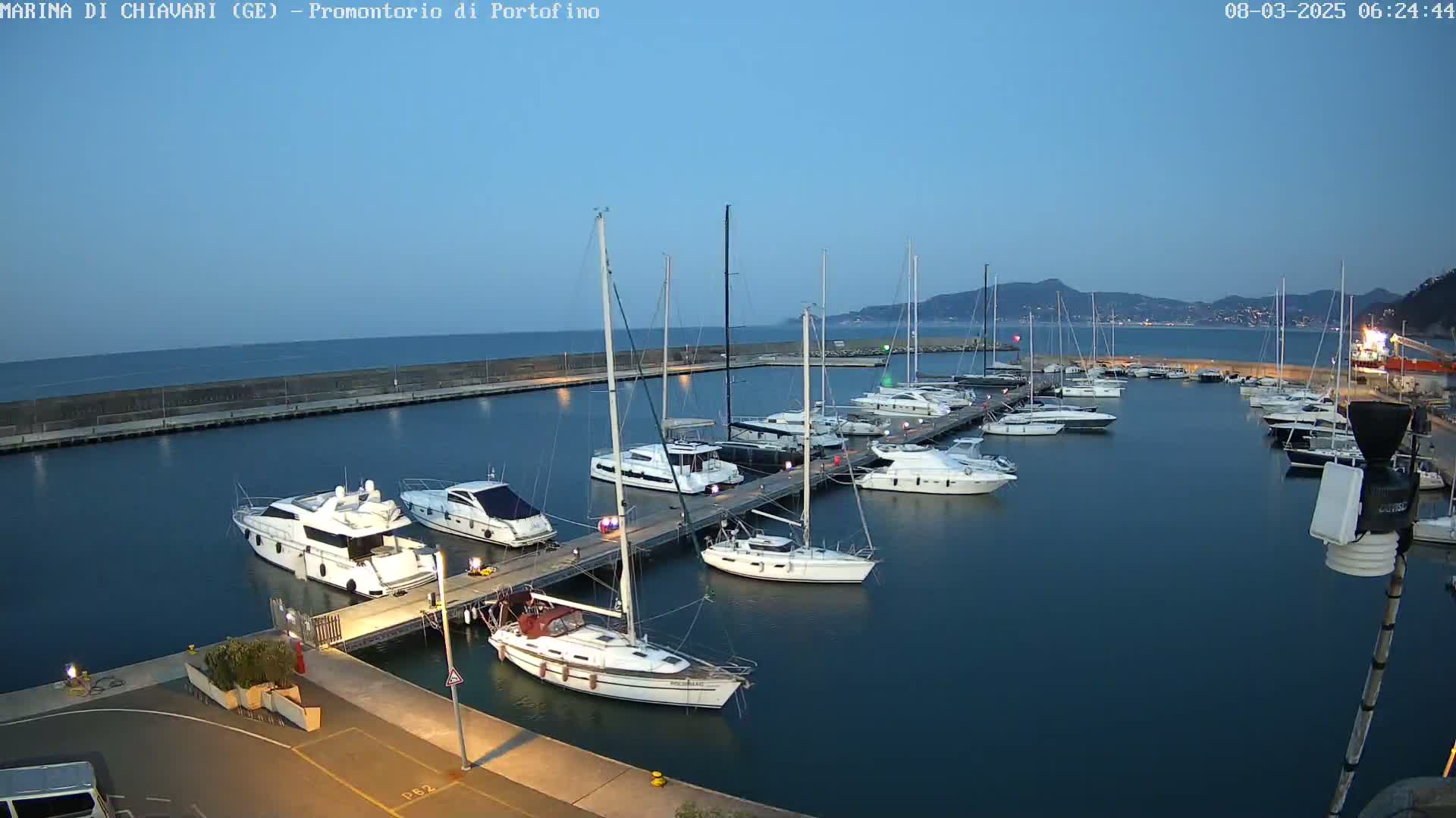 Many yachts and sailboats are moored at a marina at twilight under a clear sky.