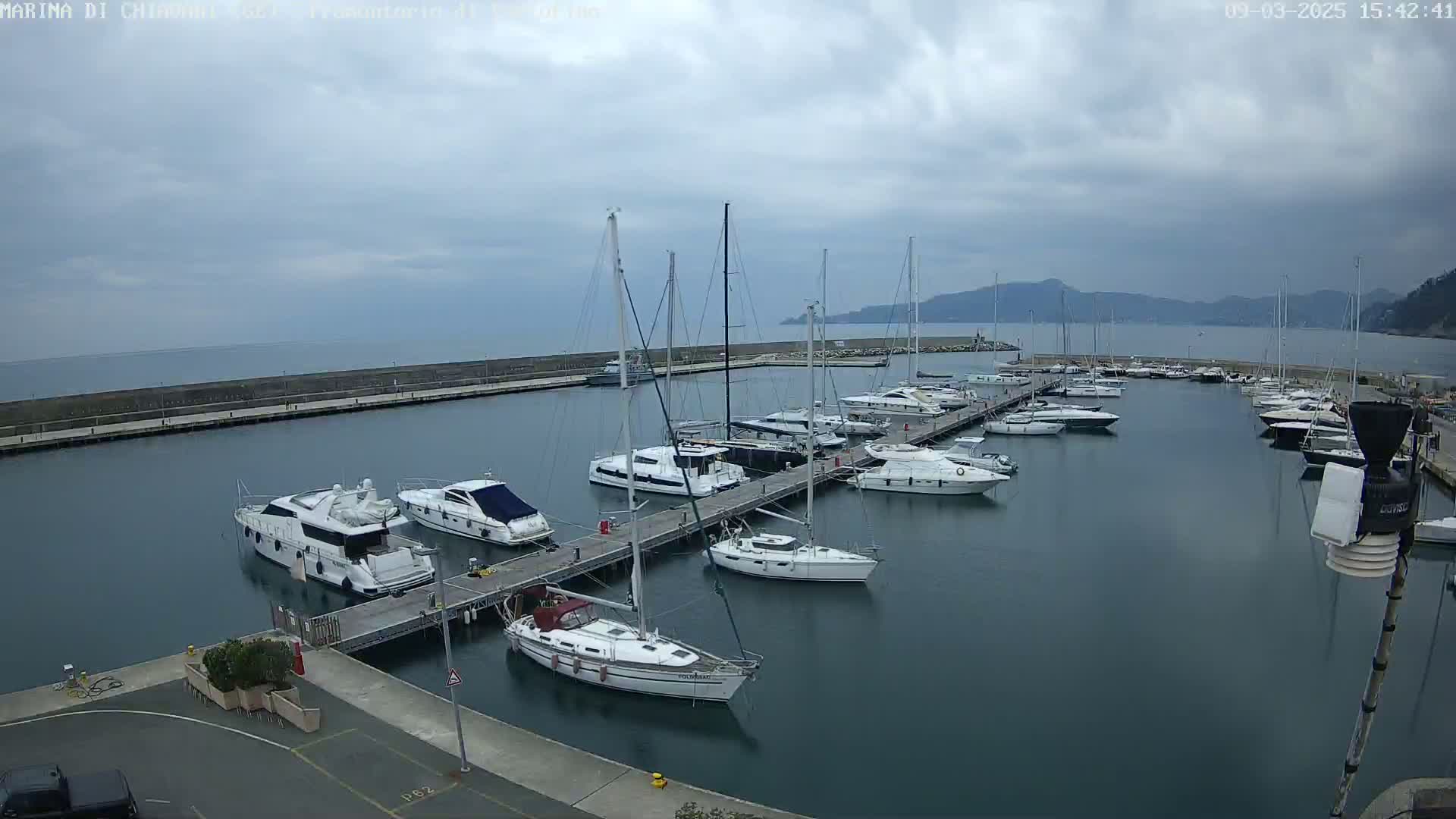 A marina filled with numerous yachts and sailboats on a cloudy day.