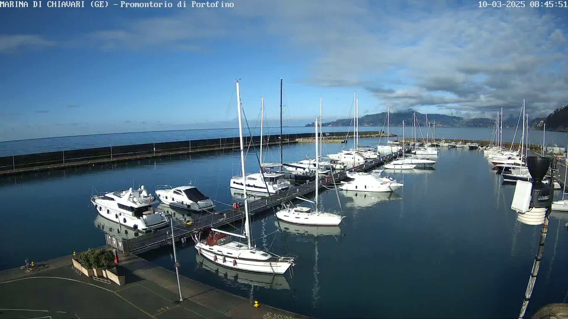 A marina filled with numerous yachts and sailboats on a partly cloudy day.
