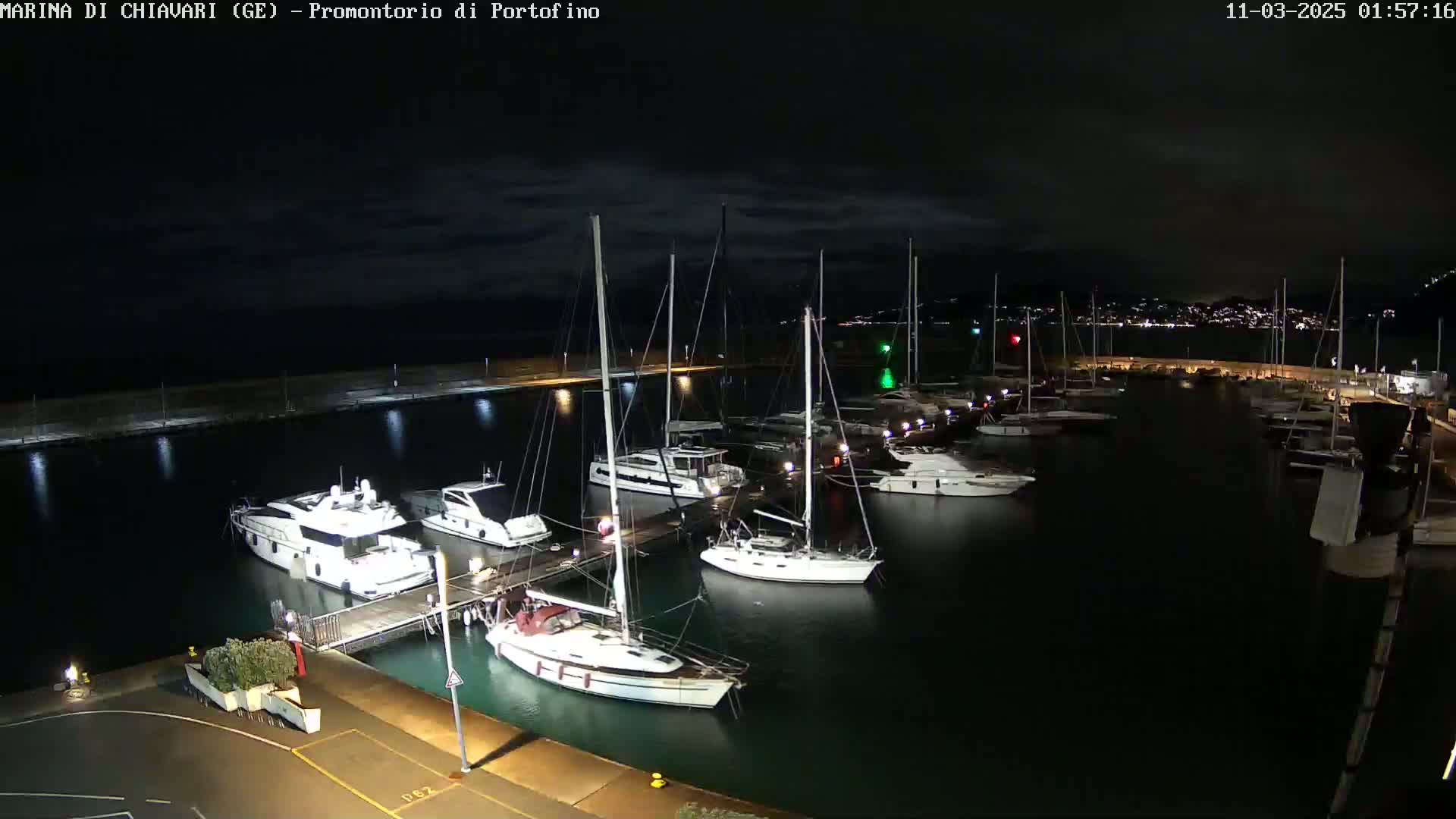 A nighttime view of a marina filled with yachts and sailboats under a partly cloudy sky.