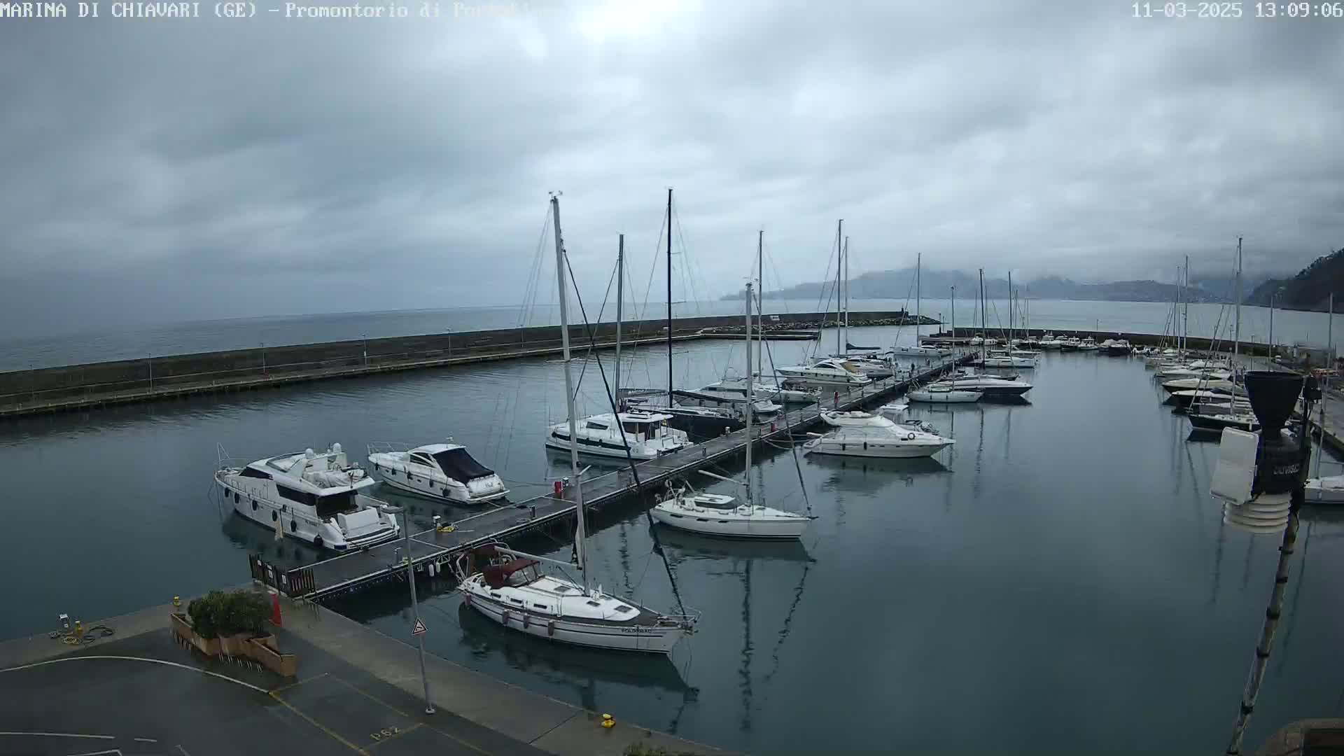 A marina filled with sailboats and motorboats under a cloudy sky.