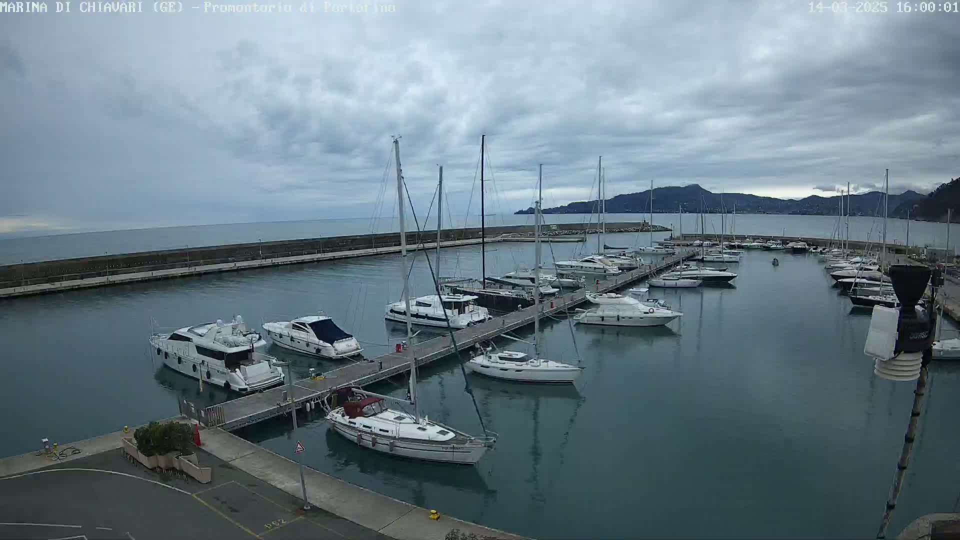 A marina filled with sailboats and motorboats under a cloudy sky.