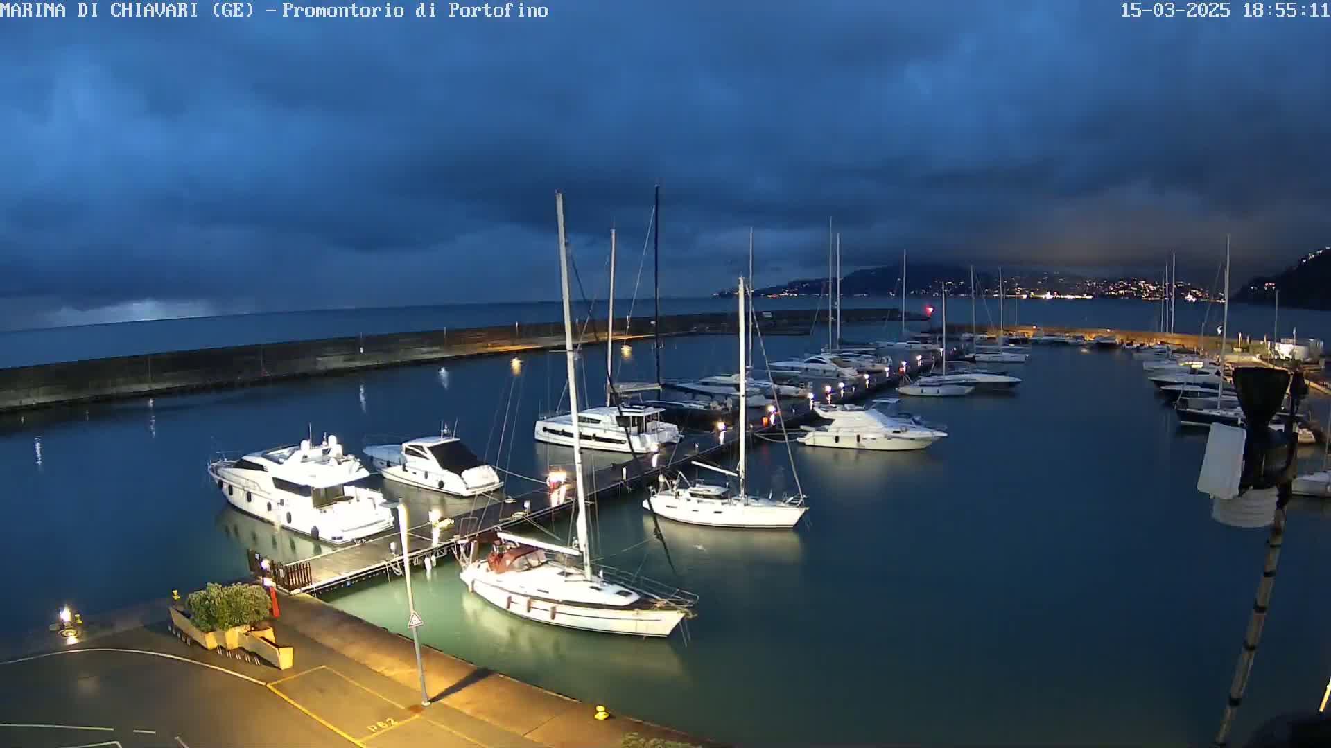 Numerous yachts and sailboats are docked in a marina at twilight under a dark, cloudy sky.