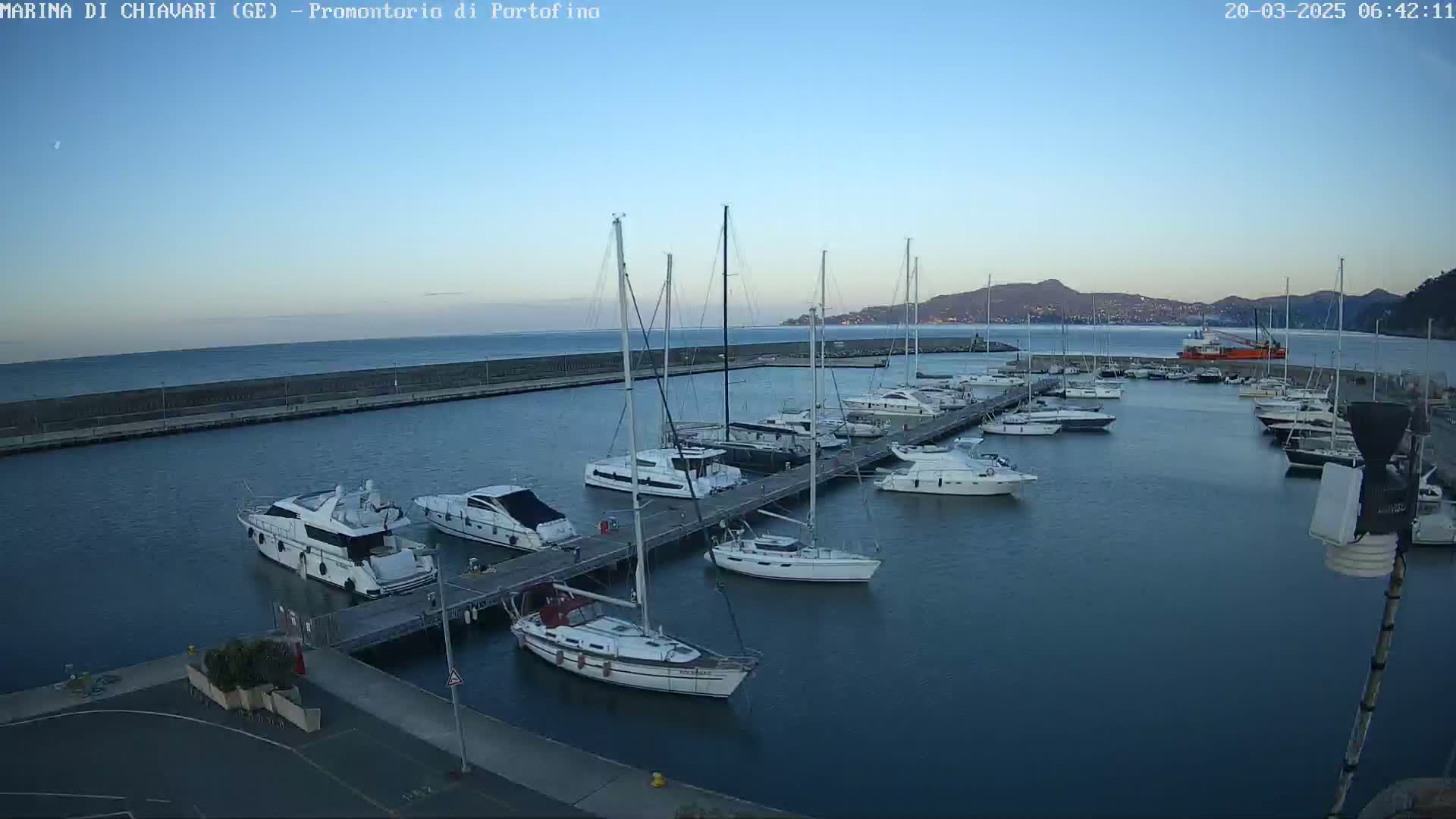 A marina filled with sailboats and motorboats under a clear, twilight sky, with calm water and a distant mountain range visible in the background.