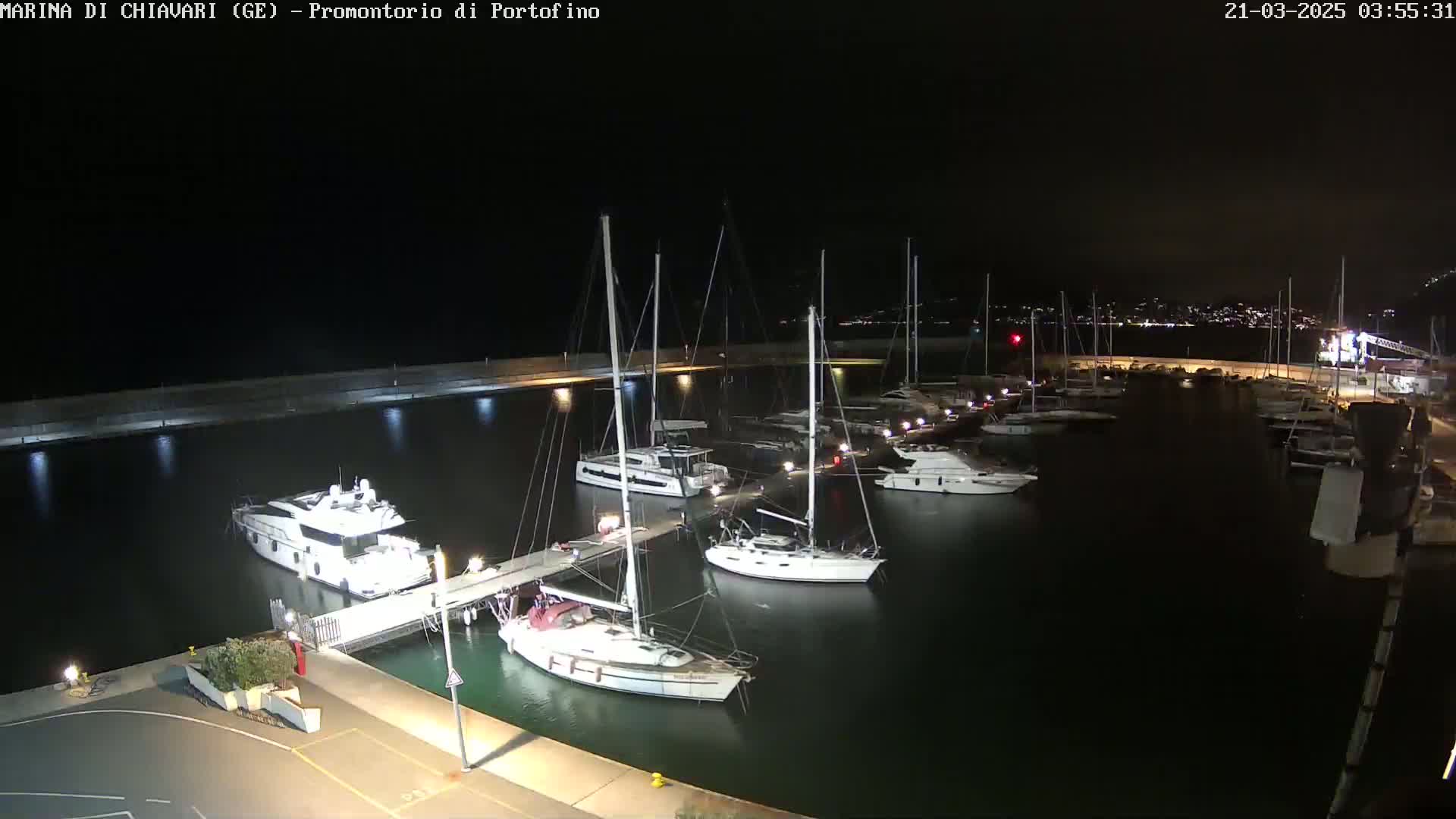 At night, a marina is illuminated, showing numerous boats docked alongside a pier.