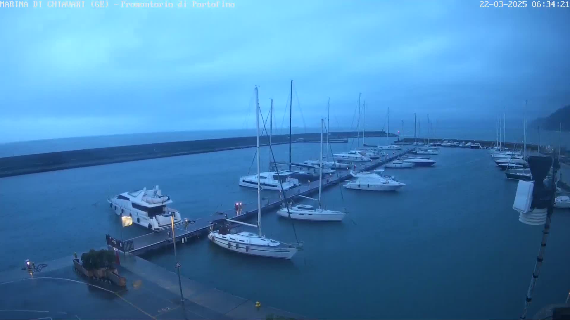 A marina filled with sailboats and motorboats is shown under an overcast sky, with rain falling on the wet dock.