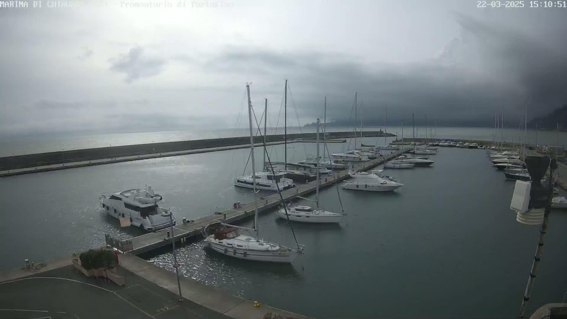 A marina filled with sailboats and motorboats under an overcast sky.