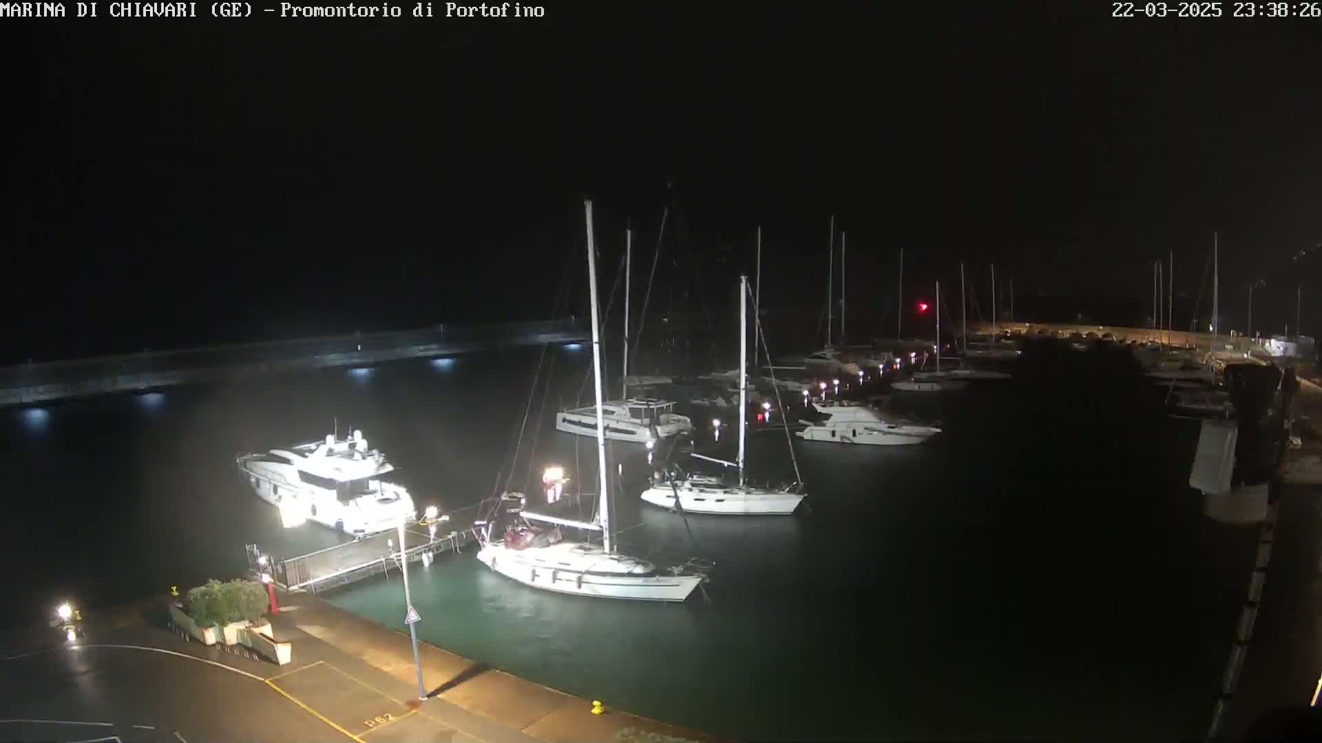 A nighttime view of a marina with numerous sailboats and yachts docked, under dark and possibly rainy conditions.