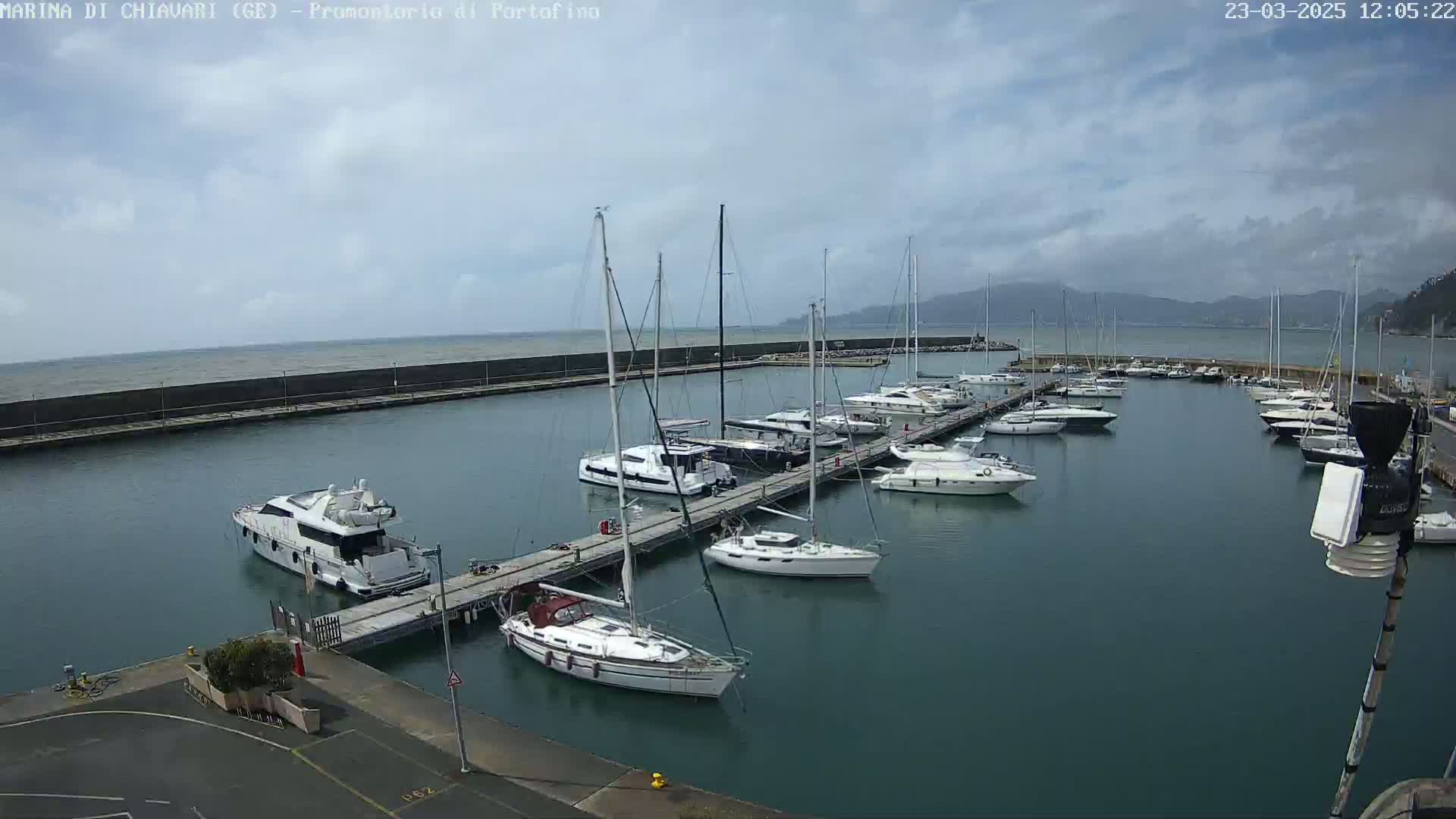 A marina filled with sailboats and motorboats on a partly cloudy day.