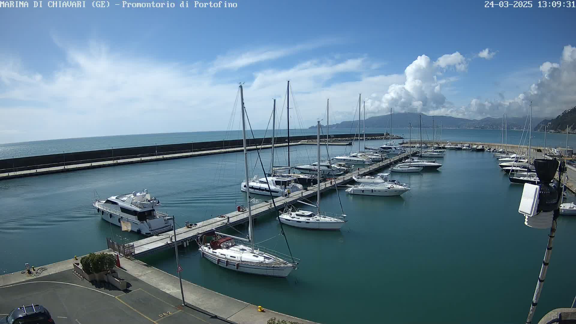 A marina filled with sailboats and motorboats on a partly cloudy day.