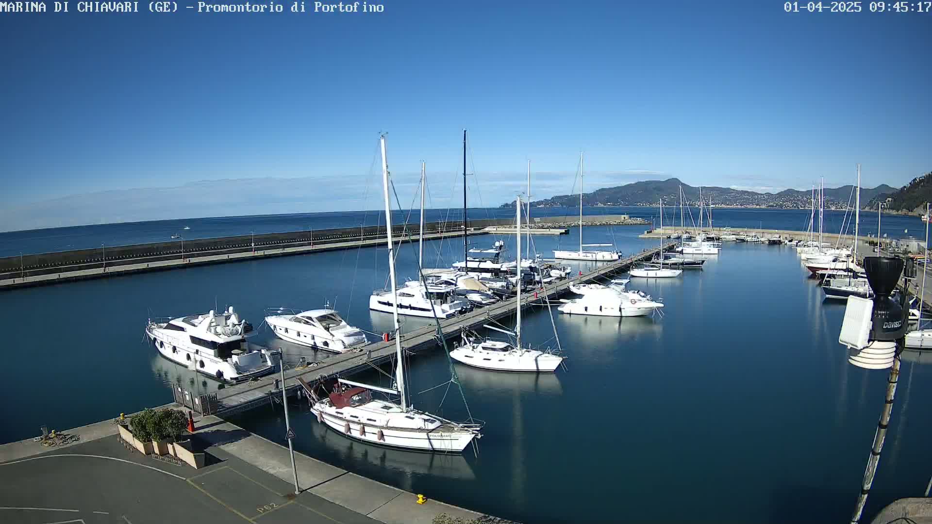 A marina filled with yachts and sailboats on a sunny day, with calm blue water and a distant mountain range visible.