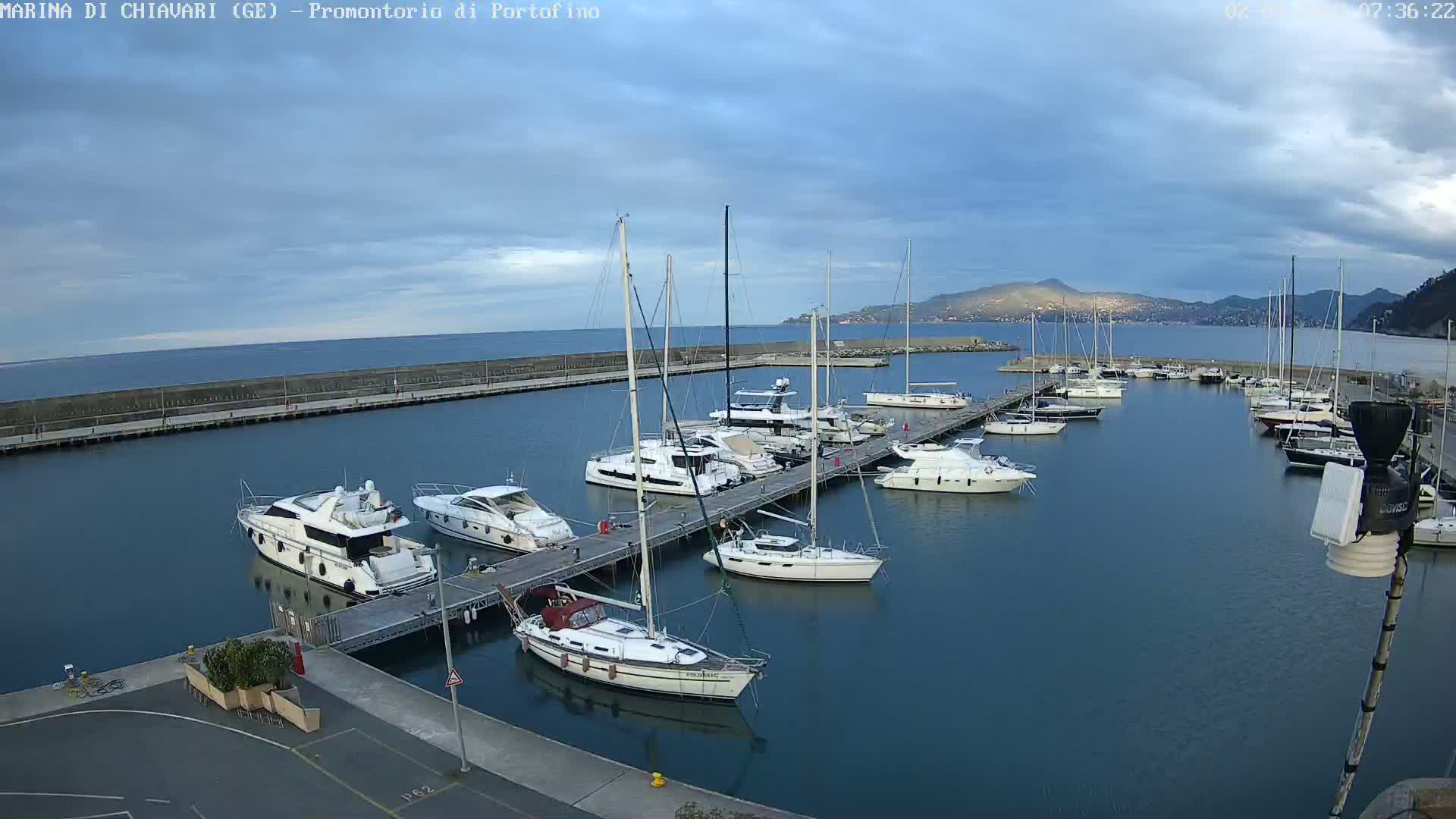 A marina filled with sailboats and motor yachts under a mostly cloudy sky.