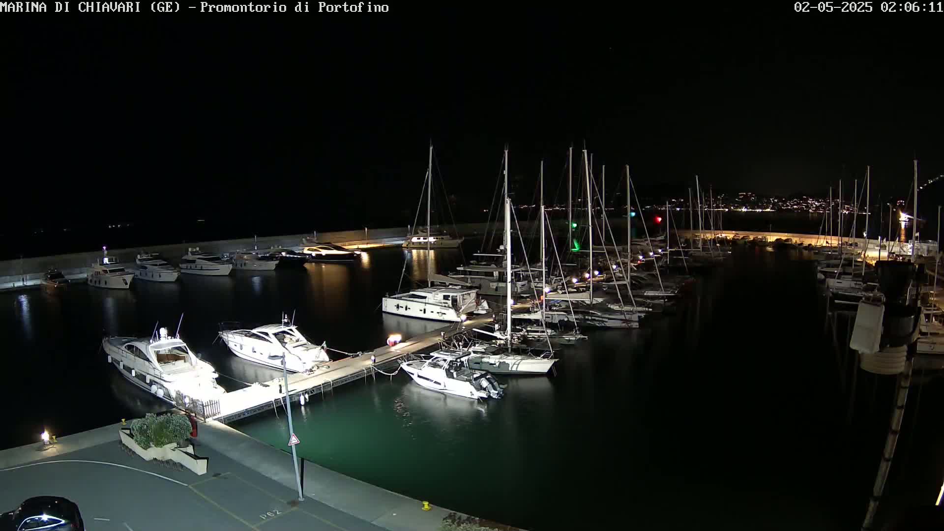Many yachts and sailboats are docked at a marina at night.