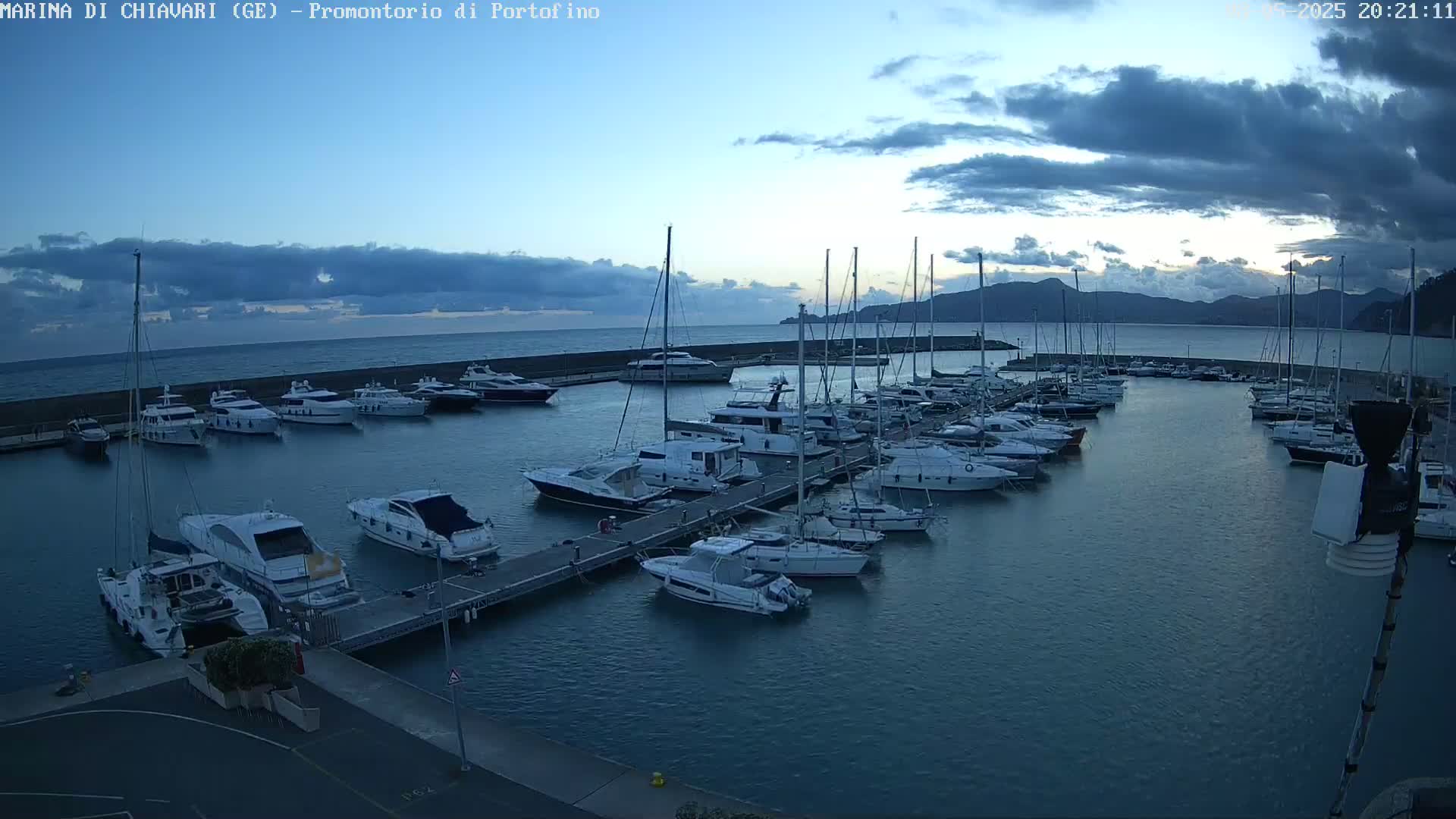 Many boats are docked in a marina at dusk under a cloudy sky.
