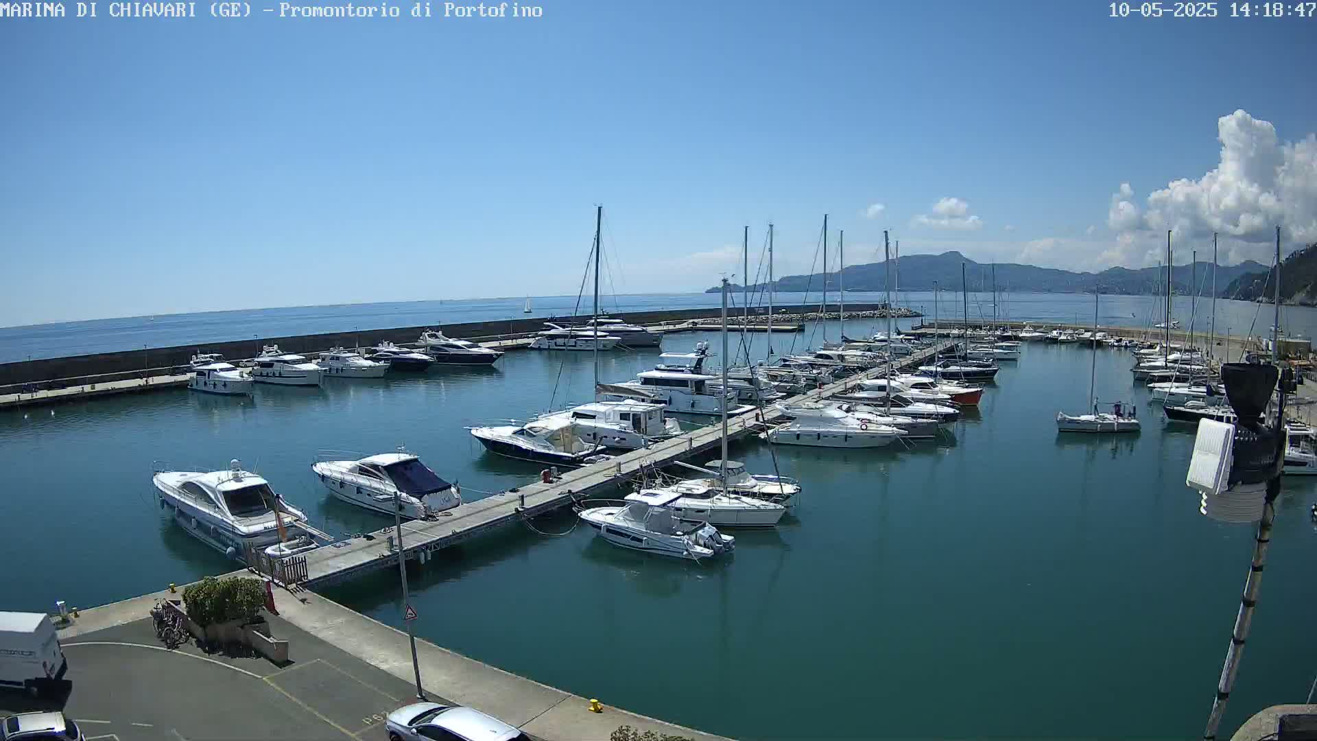A marina filled with numerous yachts and sailboats is situated on a calm, clear day with a blue sky and some scattered clouds, overlooking a body of water and distant mountains.