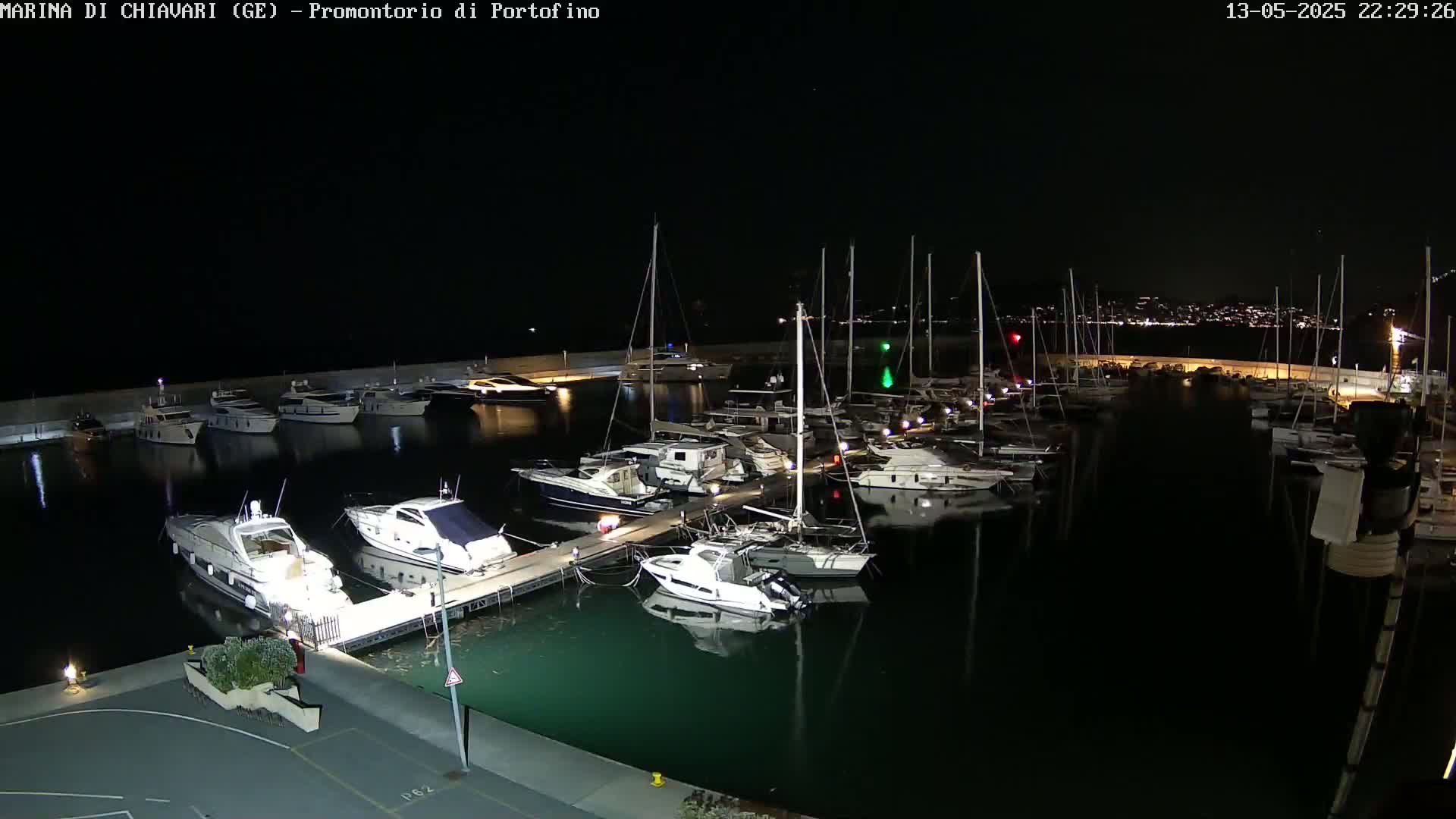 A marina at night, filled with numerous boats and yachts, is illuminated under a dark sky.