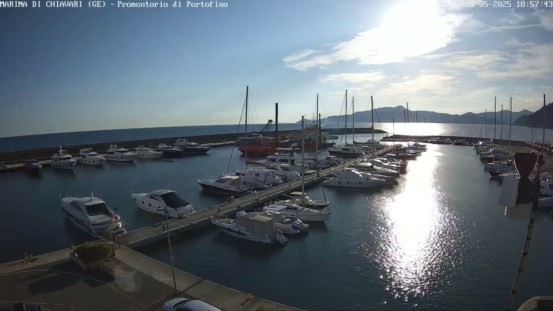 A marina filled with numerous yachts and boats is seen on a sunny day, with calm water reflecting sunlight and mountains in the background.