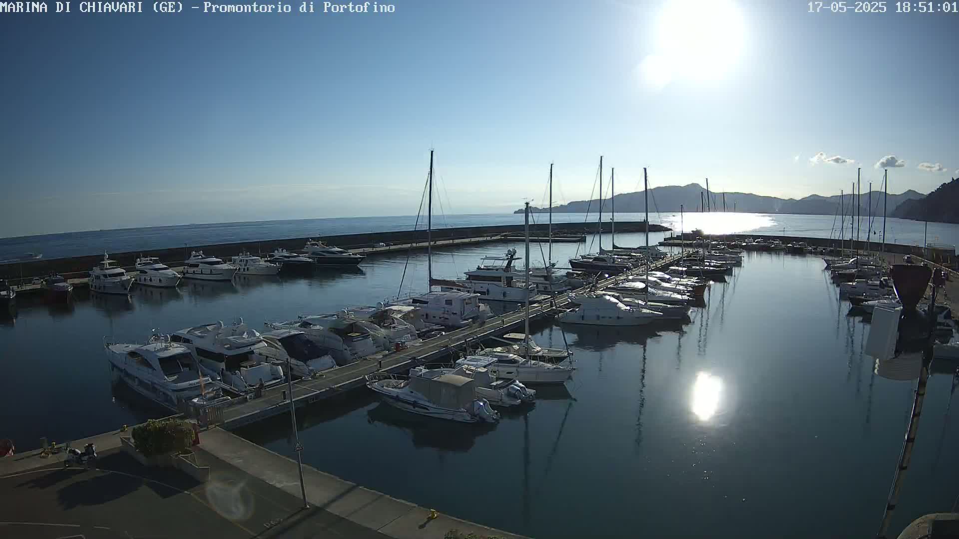 A marina filled with numerous boats and yachts is seen on a sunny day with calm waters reflecting the sunlight and distant mountains.