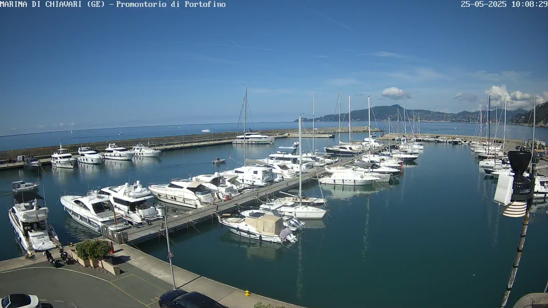 A marina filled with numerous yachts and sailboats on a sunny day with calm waters and a mountain range visible in the distance.