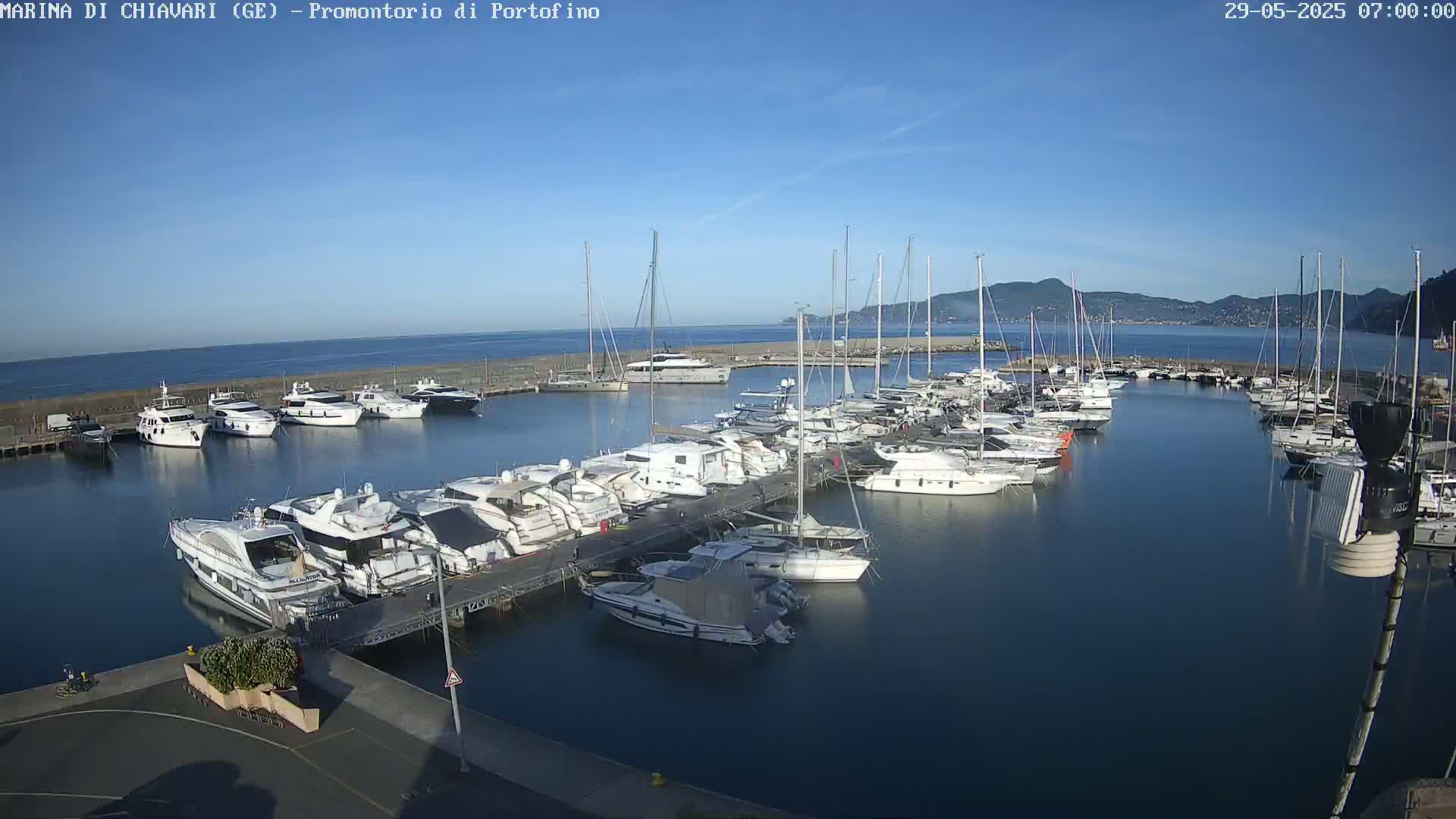 A marina filled with numerous yachts and sailboats on a calm, clear day with a distant mountain range visible.
