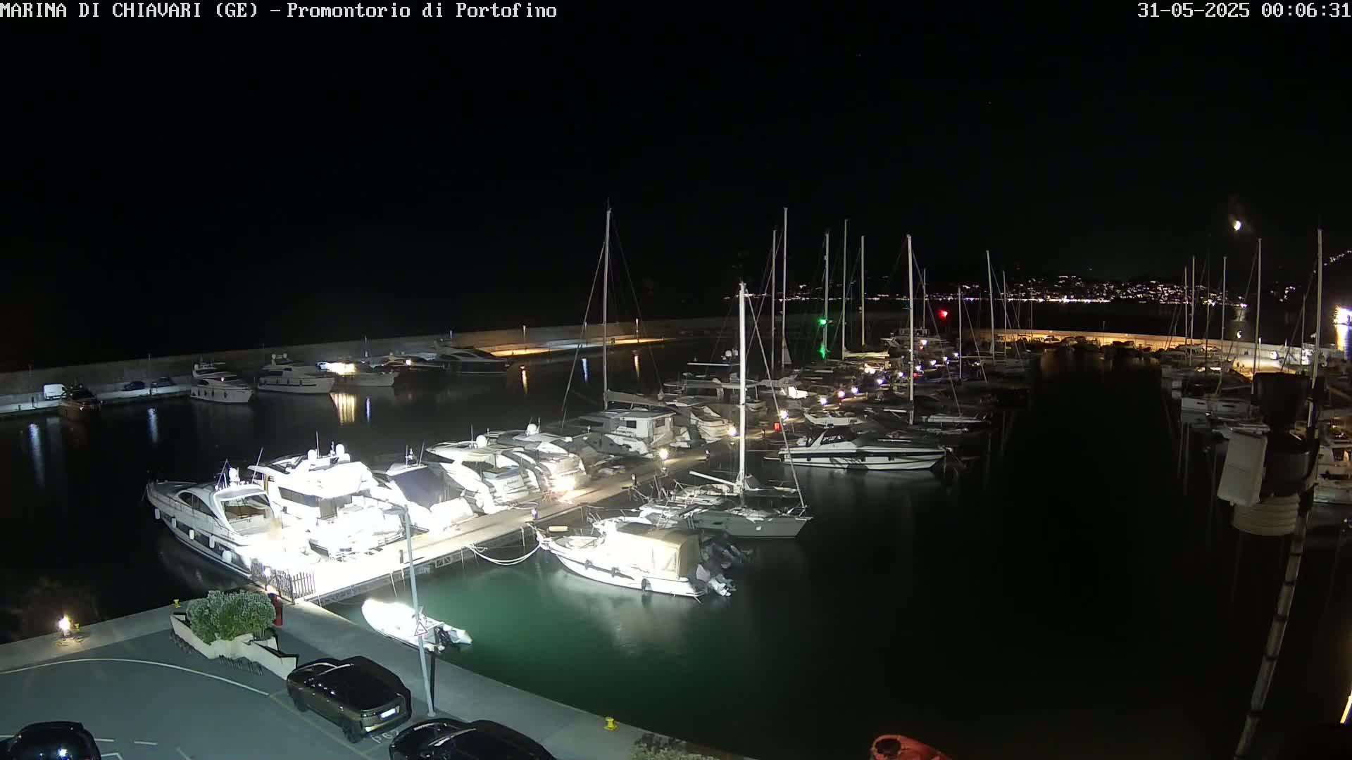 A marina at night, filled with many boats and yachts, is illuminated under a clear, dark sky.