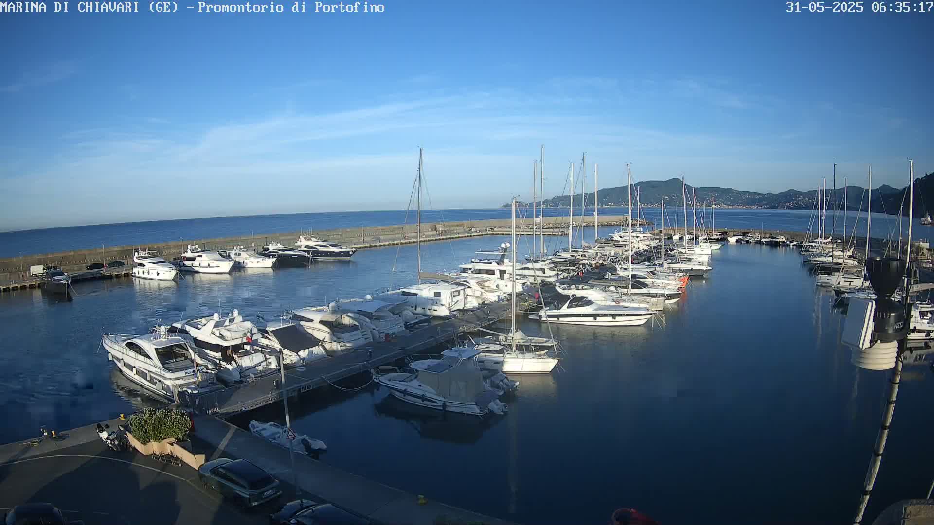 A marina filled with numerous yachts and sailboats is situated along a calm body of water under a clear blue sky.