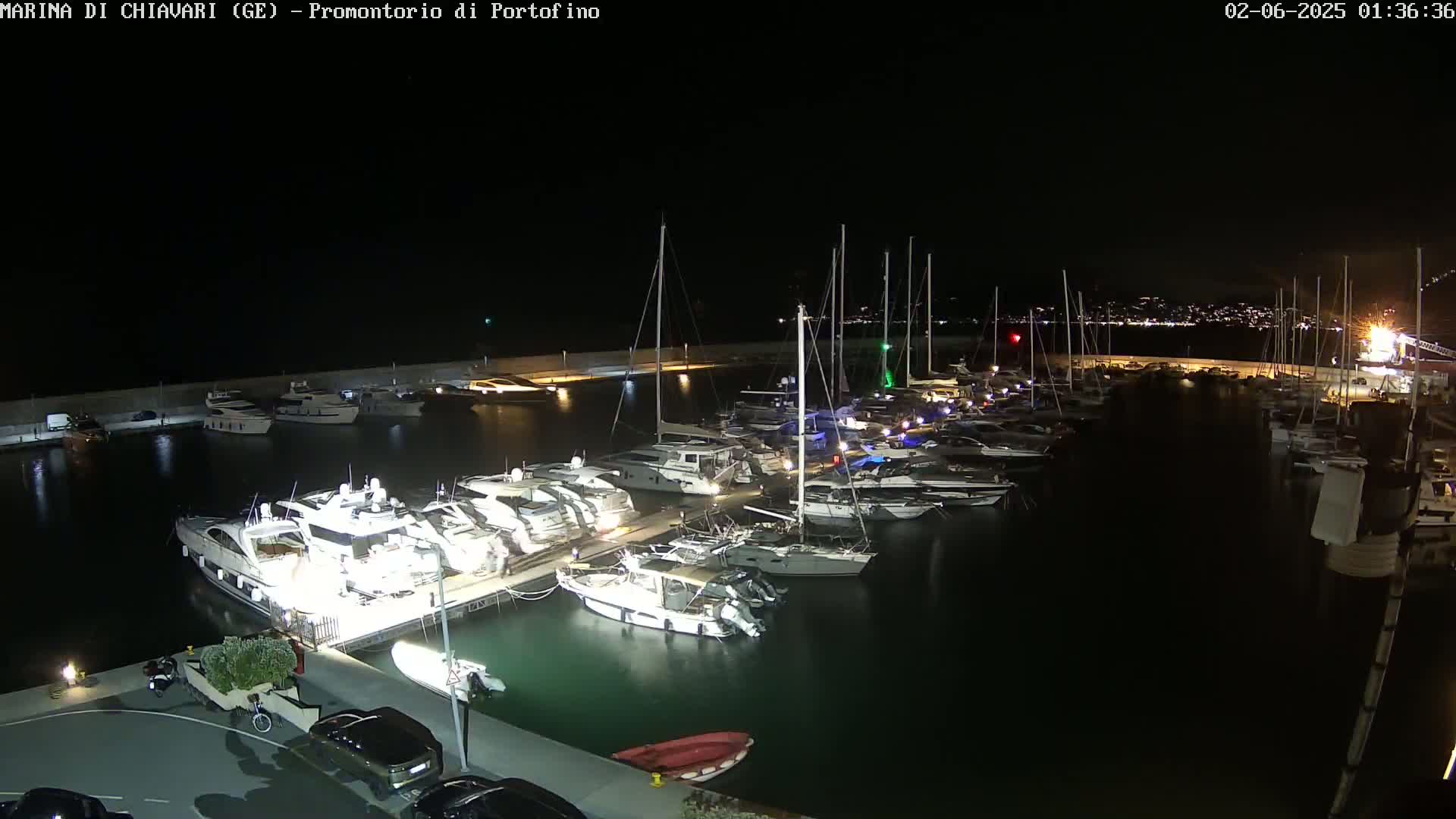 A marina at night is filled with many docked boats and yachts under bright lights, with a dark, calm body of water reflecting the lights.