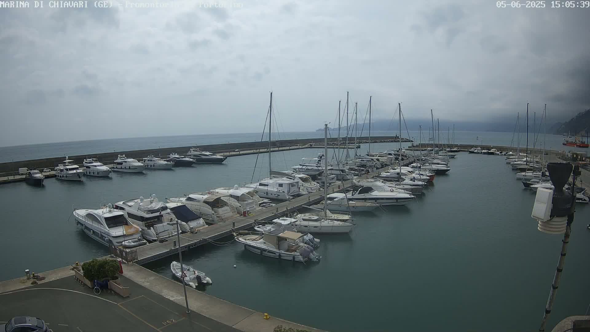 A marina filled with numerous yachts and sailboats is shown on an overcast day.
