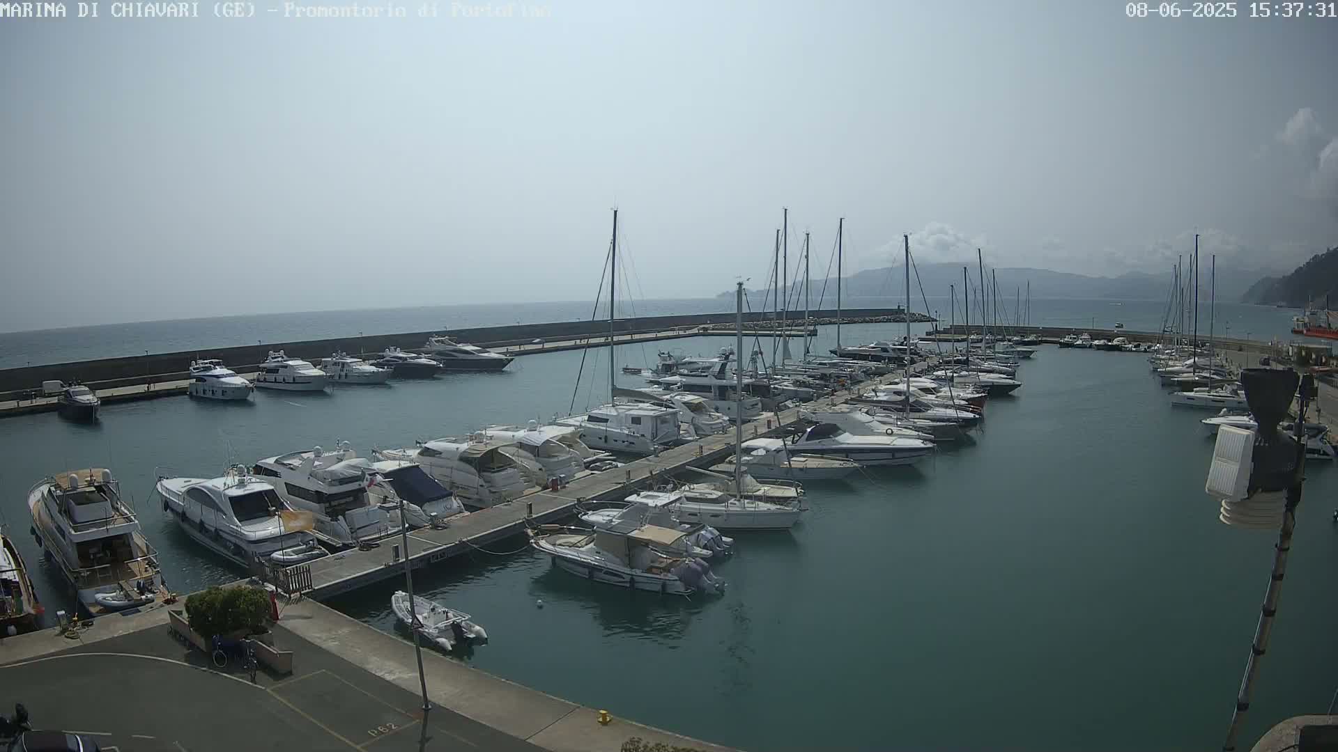 A marina filled with numerous yachts and sailboats is seen on a hazy day, with calm water and mountains visible in the distance.