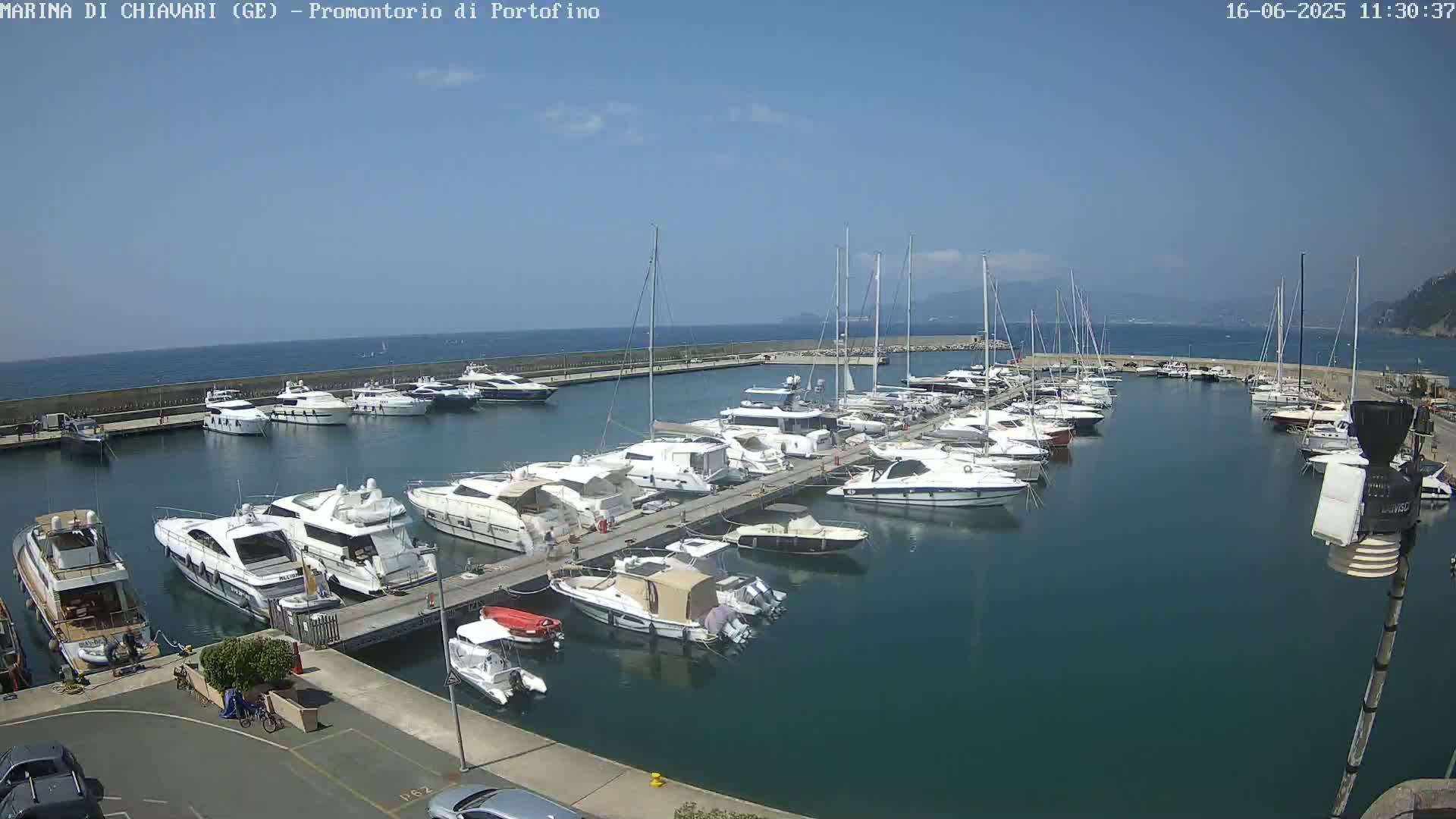 A marina filled with numerous yachts and sailboats is shown under a clear, sunny sky.