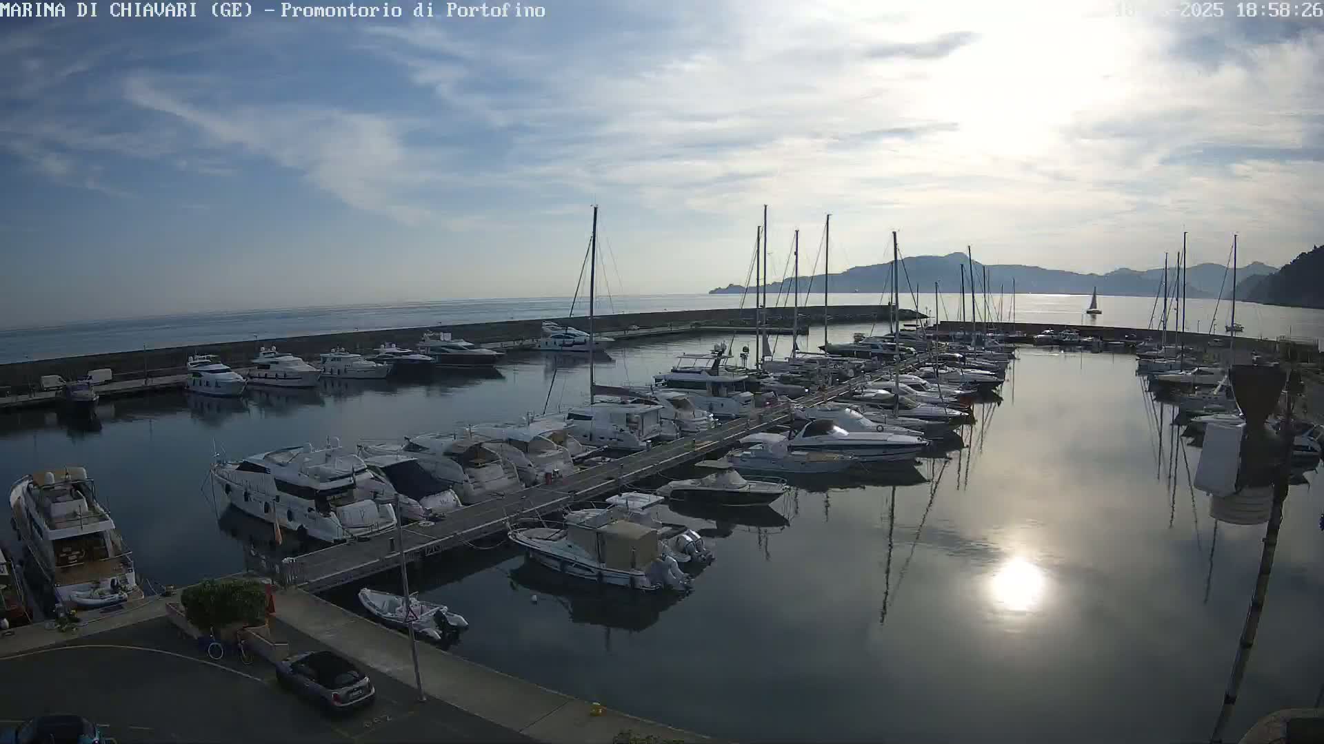 A calm marina filled with numerous yachts and sailboats under a partly cloudy sky.