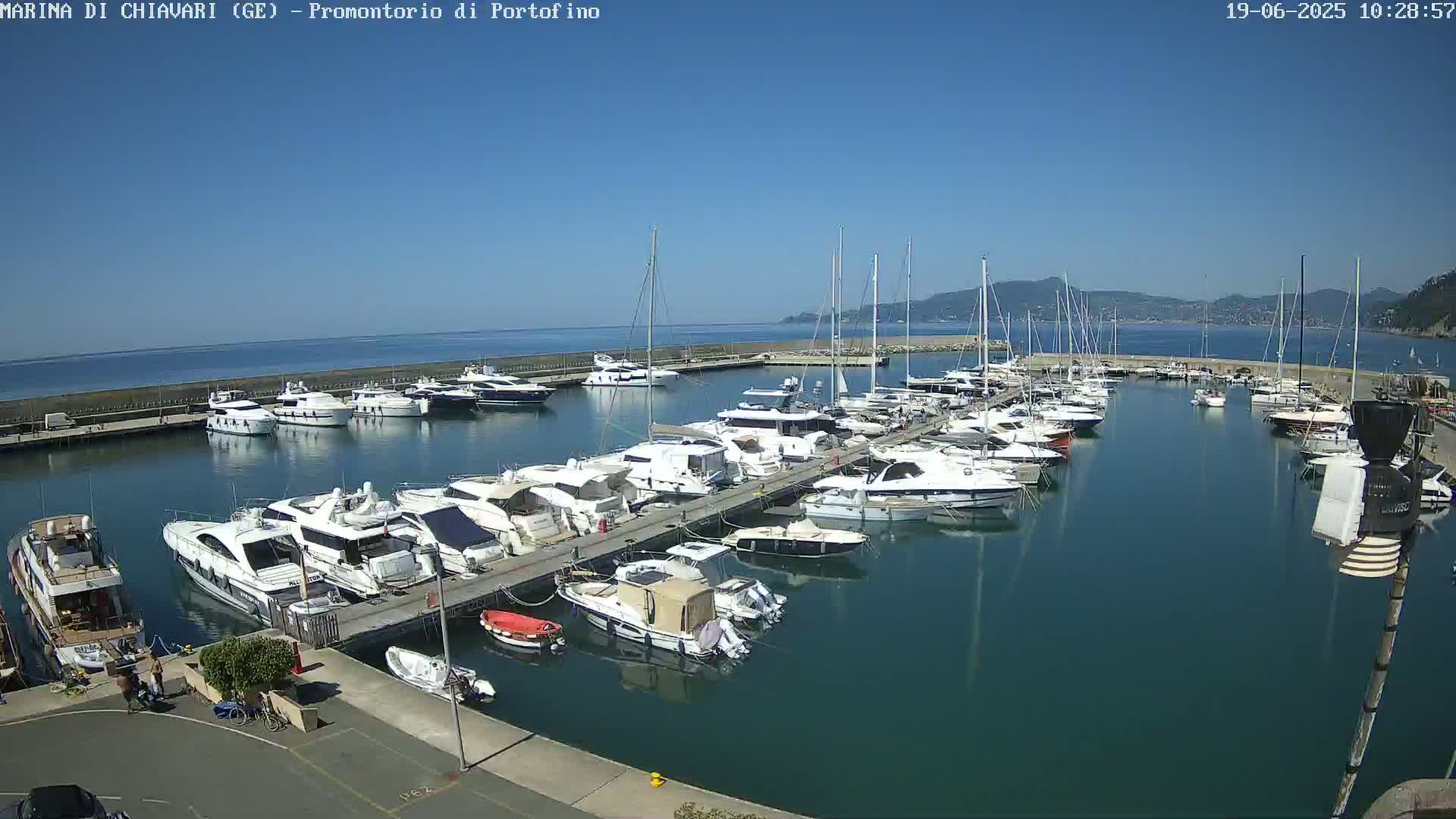 A marina filled with numerous yachts and boats is shown on a sunny day, with calm, clear blue water and distant mountains visible in the background.