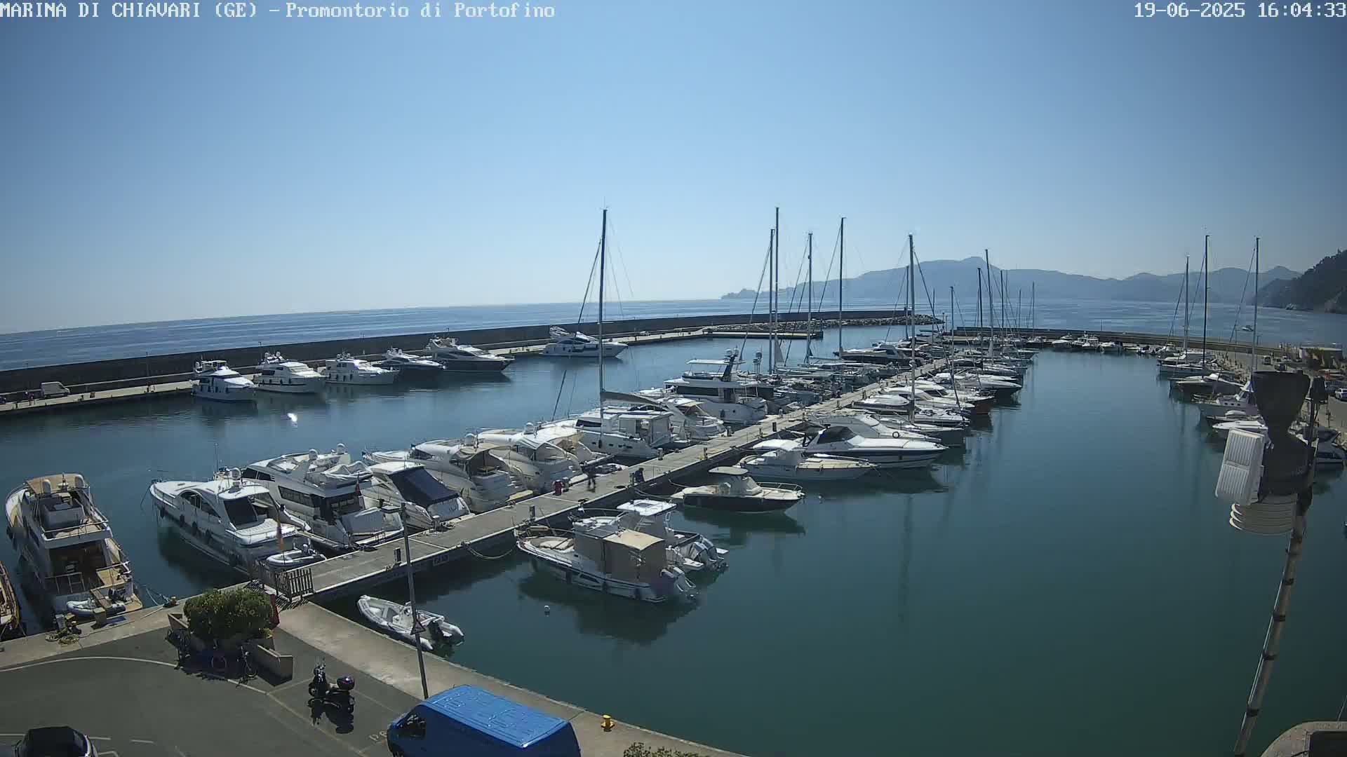 A marina filled with numerous yachts and sailboats is seen on a sunny day, with calm water and distant hills visible in the background.