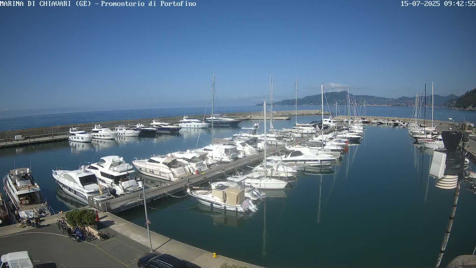 A marina filled with numerous yachts and sailboats is shown on a sunny day with calm, clear water.