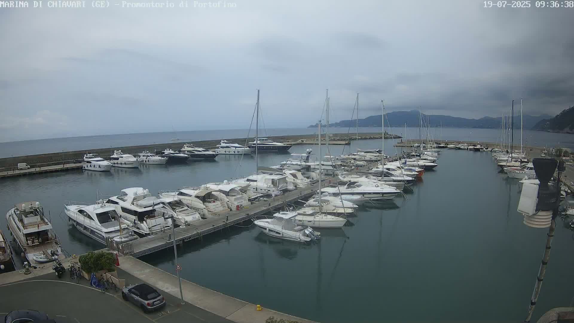 Many yachts and sailboats are docked in a marina on a cloudy day.