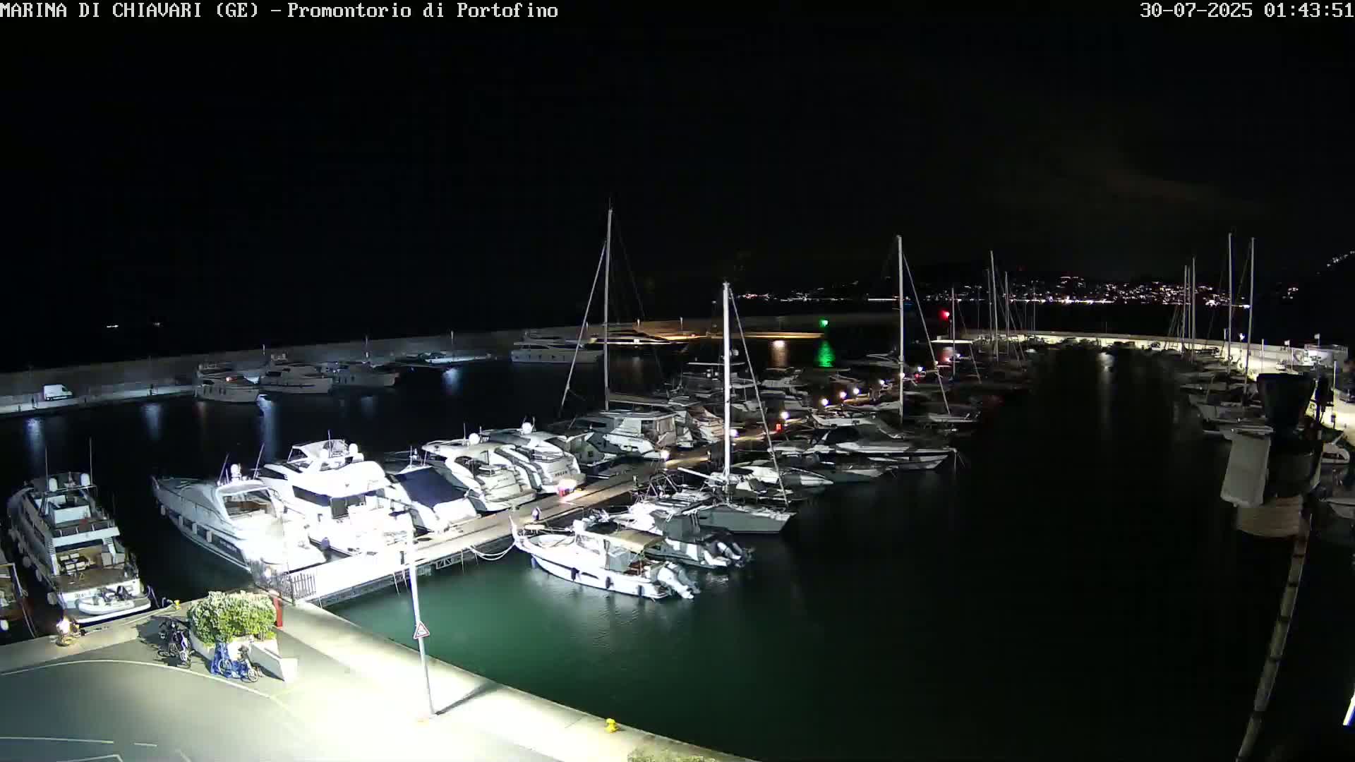 Many yachts and sailboats are docked in a marina on a cloudy day.